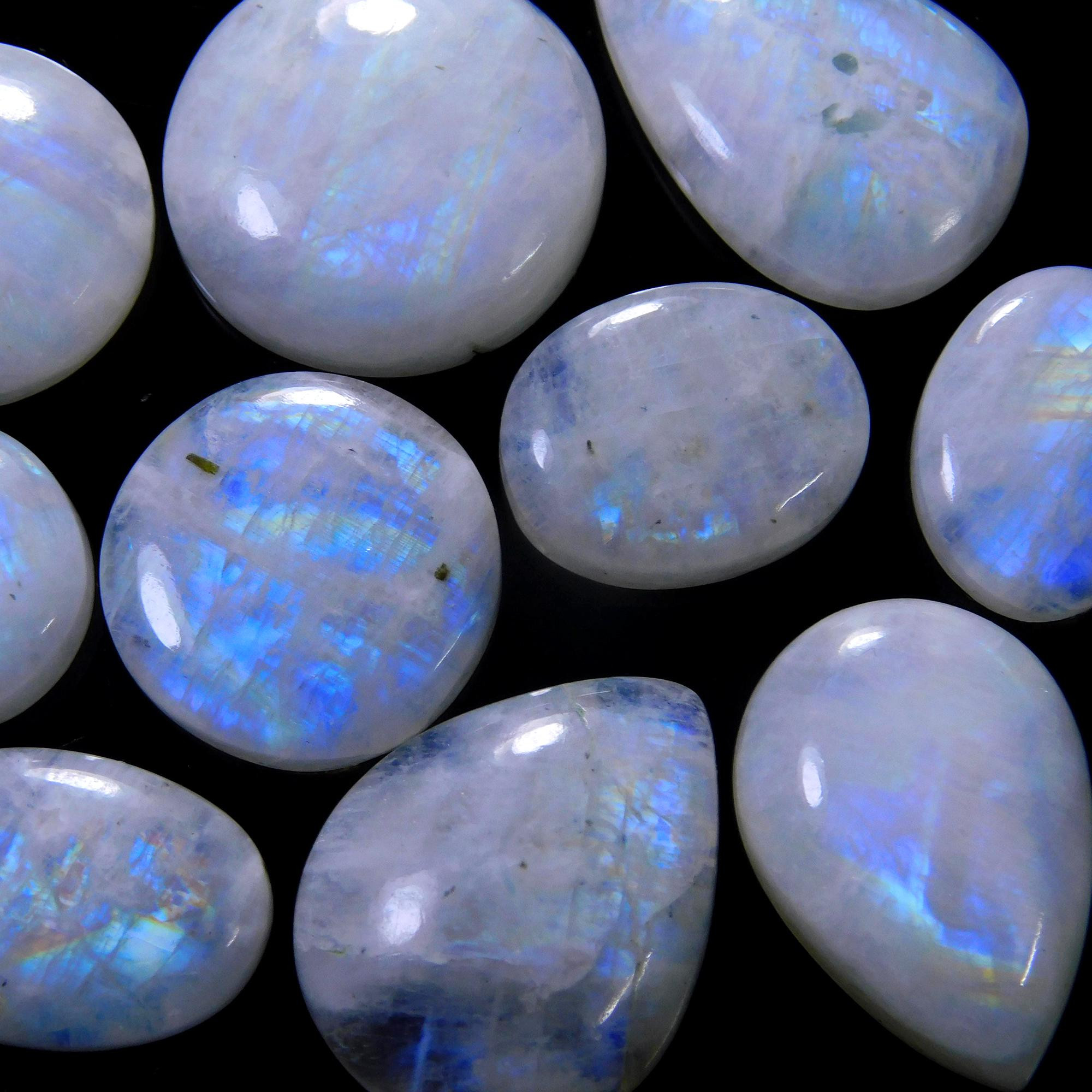 10 Pcs 187 Cts Natural Rainbow Moonstone Gemstone Cabochon Lot 15x15-22x22mm13924
