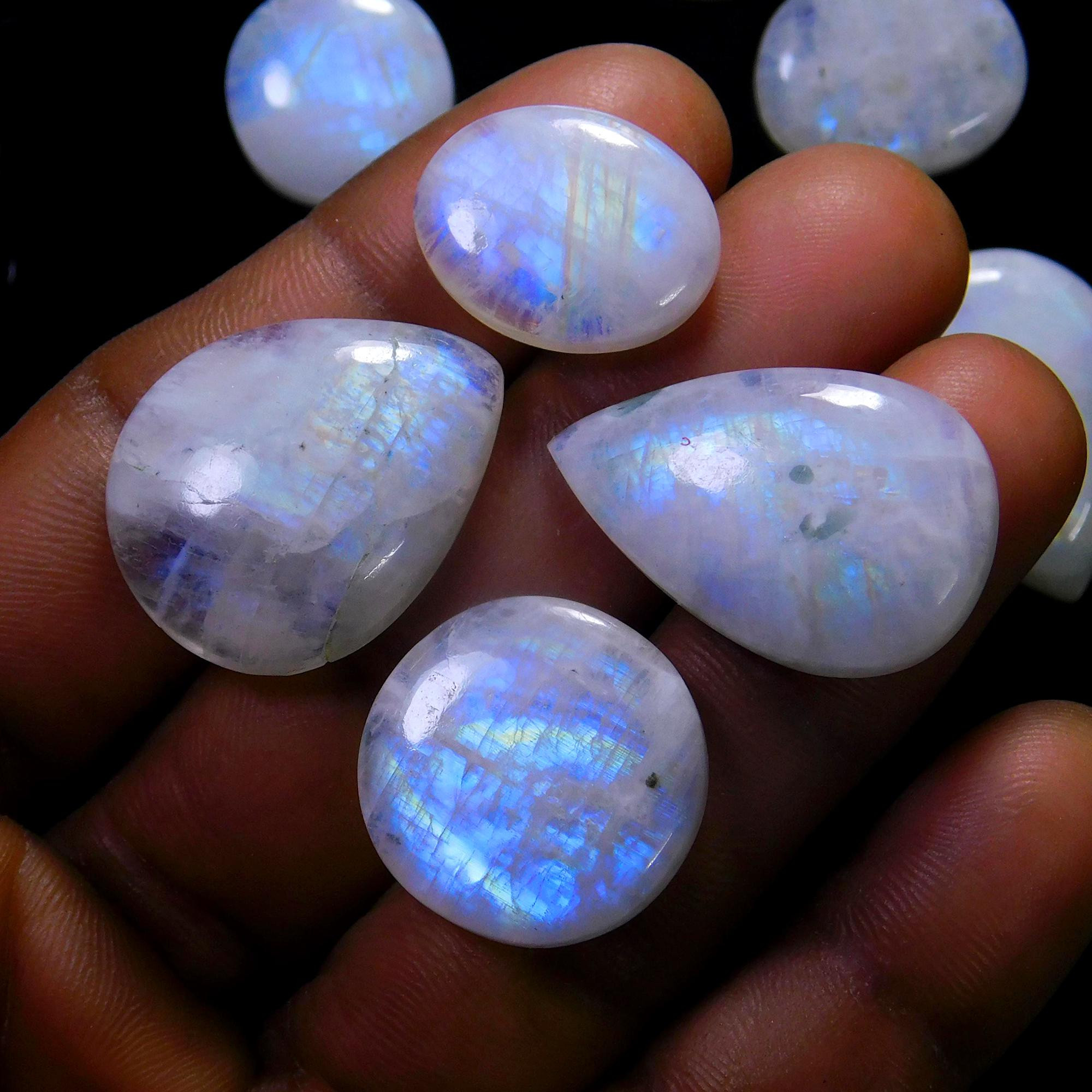 10 Pcs 187 Cts Natural Rainbow Moonstone Gemstone Cabochon Lot 15x15-22x22mm13924