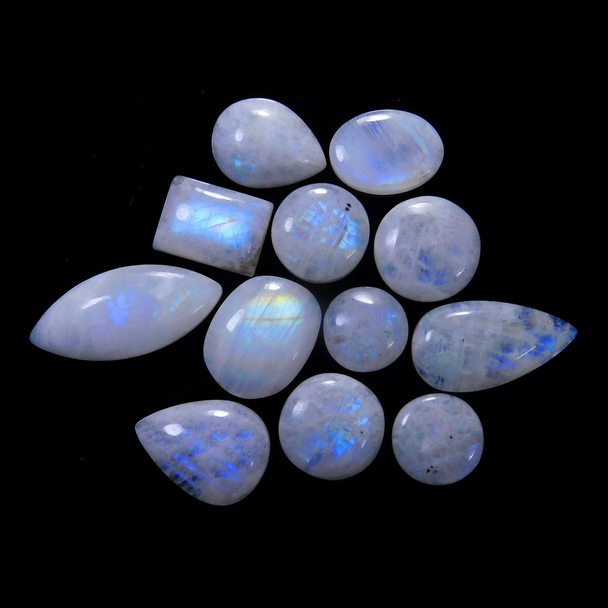 12 Pcs 183 Cts Natural Rainbow Moonstone Gemstone Cabochon Lot 13x13-32x14mm13925