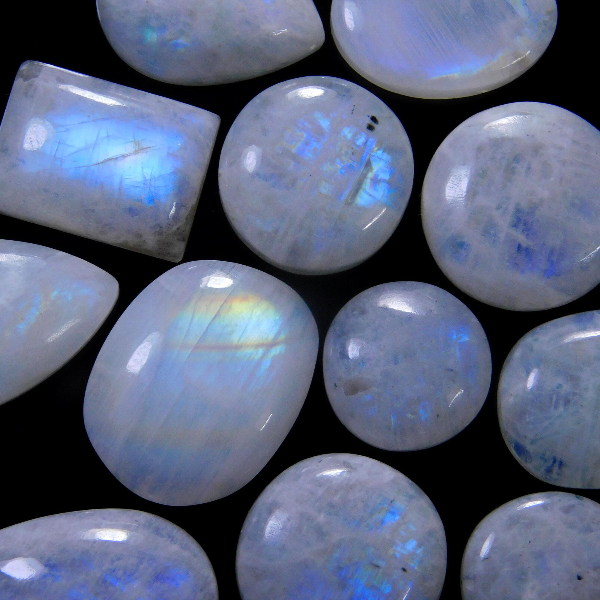 12 Pcs 183 Cts Natural Rainbow Moonstone Gemstone Cabochon Lot 13x13-32x14mm13925