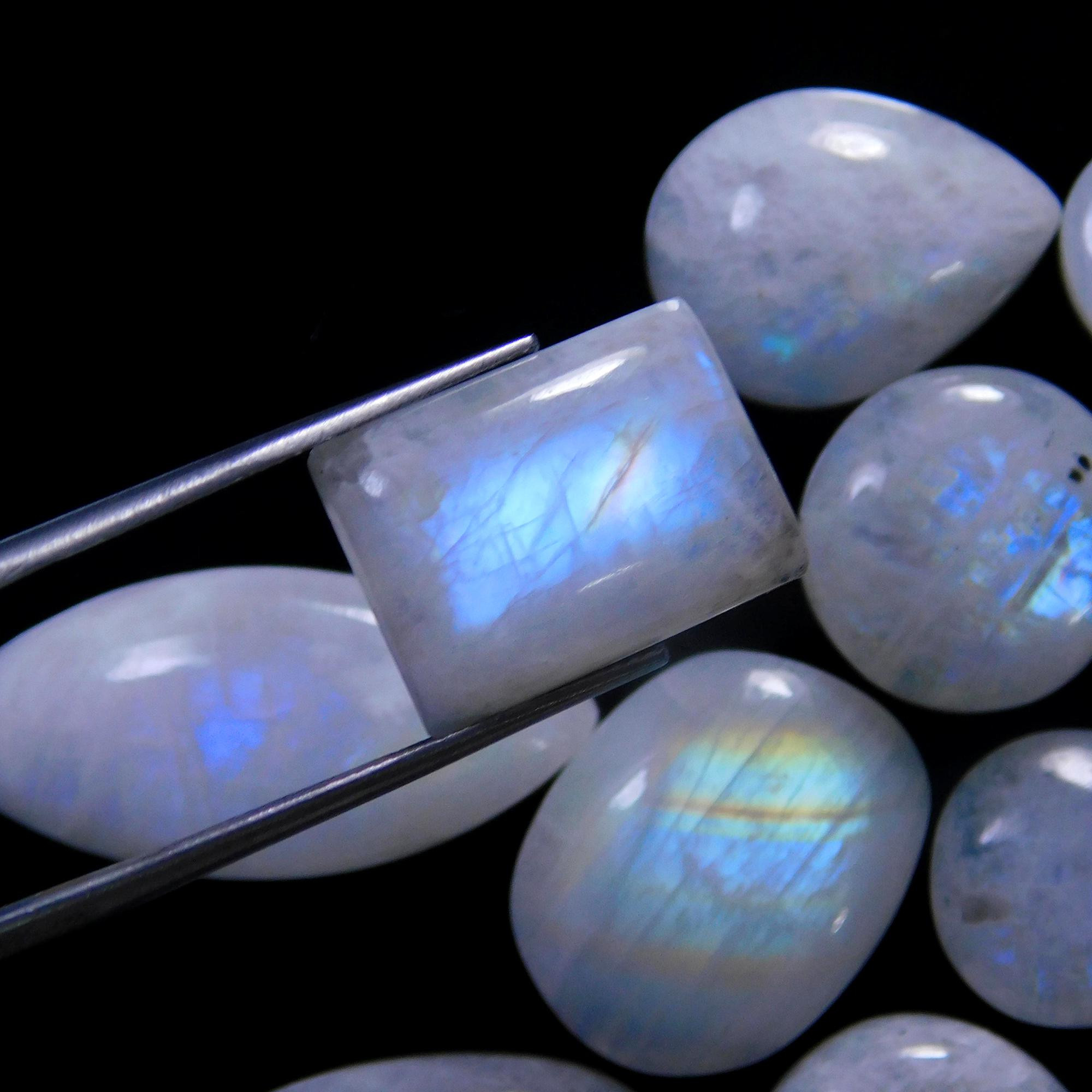 12 Pcs 183 Cts Natural Rainbow Moonstone Gemstone Cabochon Lot 13x13-32x14mm13925