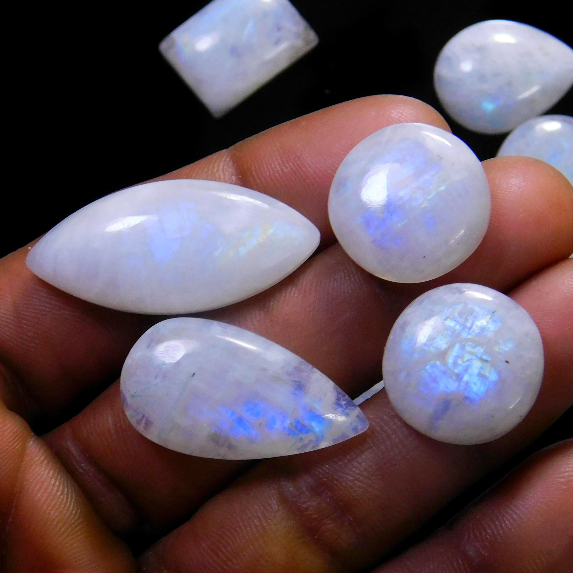 12 Pcs 183 Cts Natural Rainbow Moonstone Gemstone Cabochon Lot 13x13-32x14mm13925