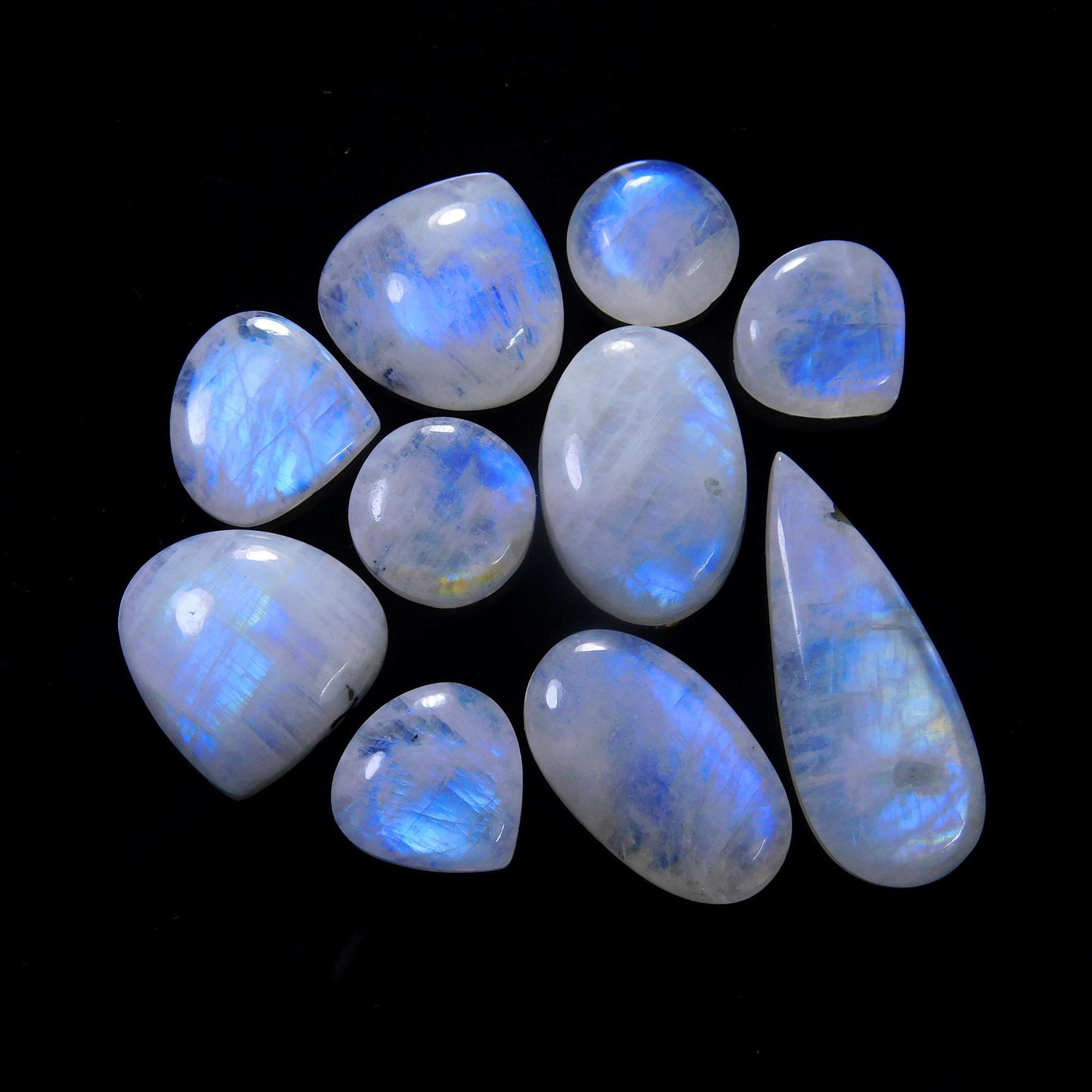 10 Pcs 160 Cts Natural Rainbow Moonstone Gemstone Cabochon Lot 13x13-35x14mm13926