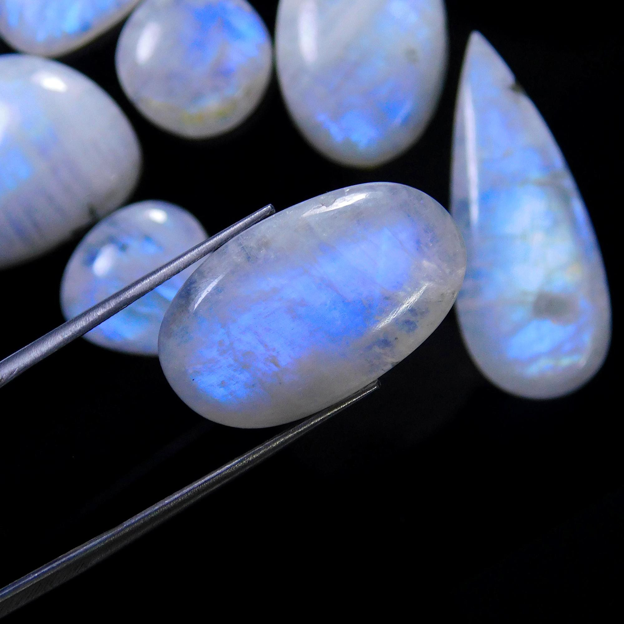 10 Pcs 160 Cts Natural Rainbow Moonstone Gemstone Cabochon Lot 13x13-35x14mm13926