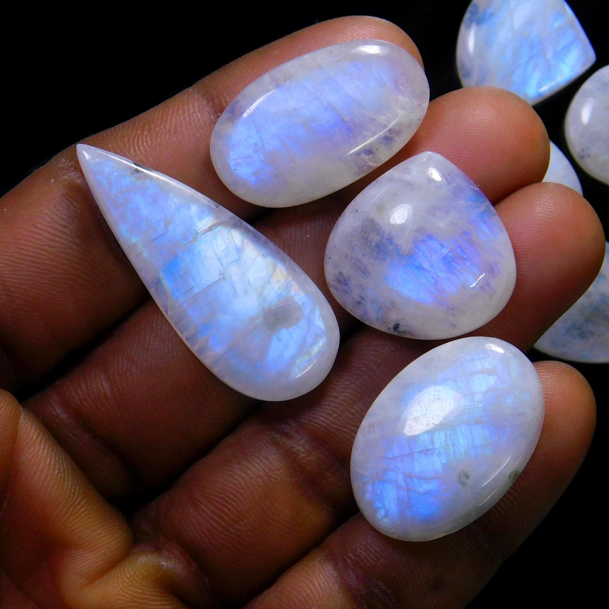 10 Pcs 160 Cts Natural Rainbow Moonstone Gemstone Cabochon Lot 13x13-35x14mm13926