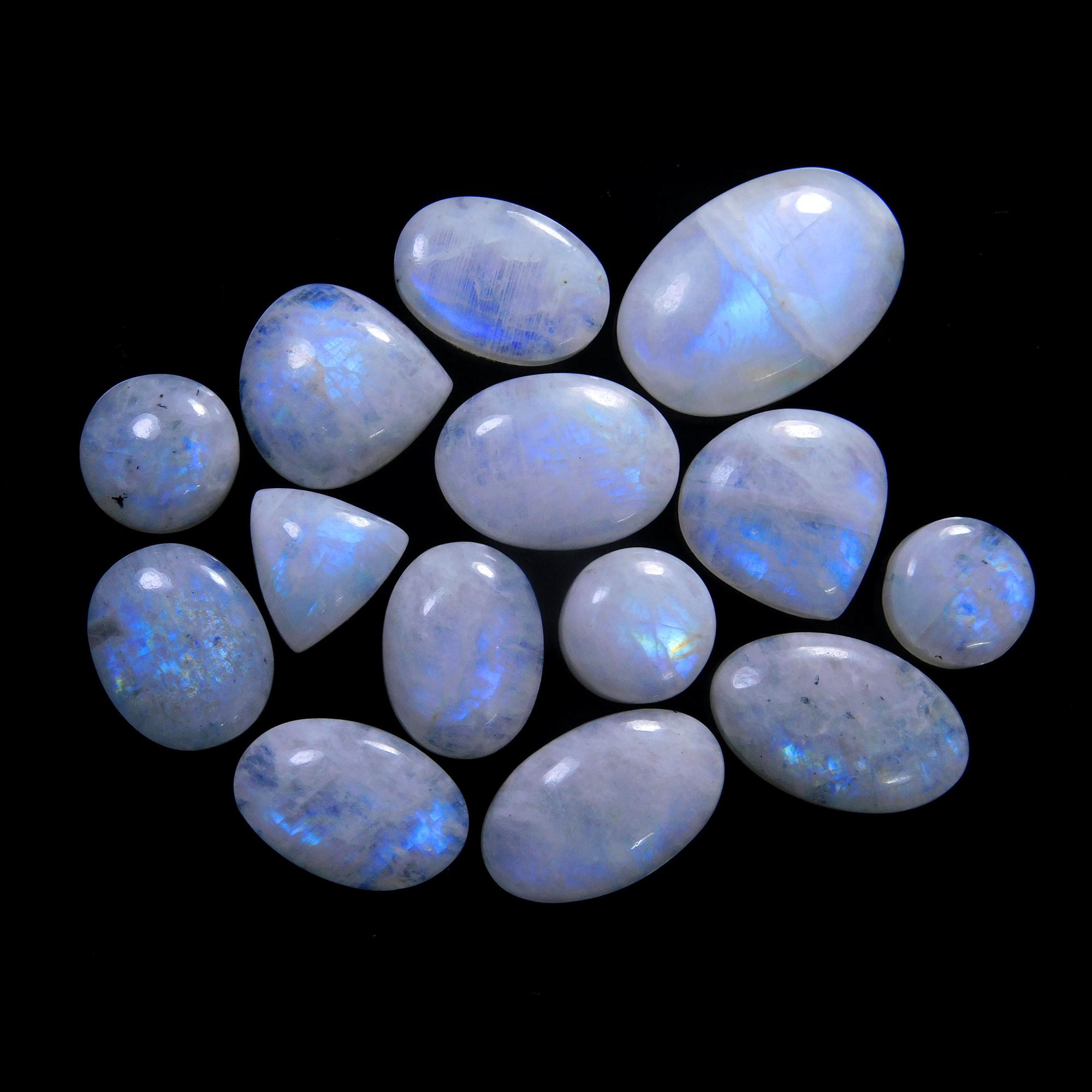 14 Pcs 225 Cts Natural Rainbow Moonstone Gemstone Cabochon Lot 13x13-29x19mm13928