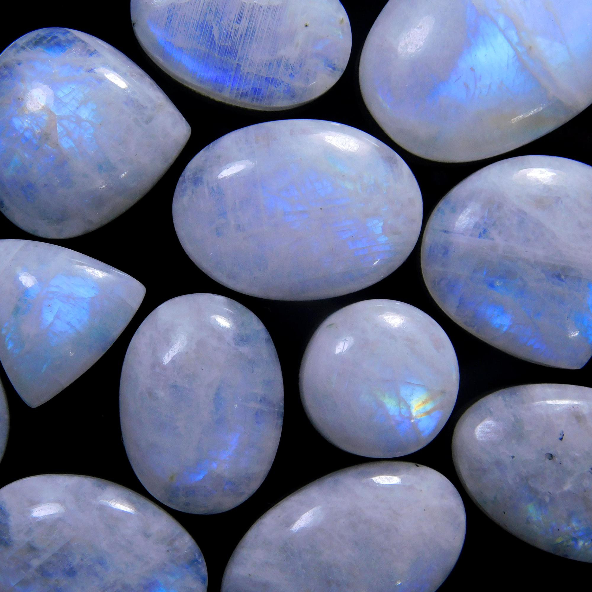 14 Pcs 225 Cts Natural Rainbow Moonstone Gemstone Cabochon Lot 13x13-29x19mm13928