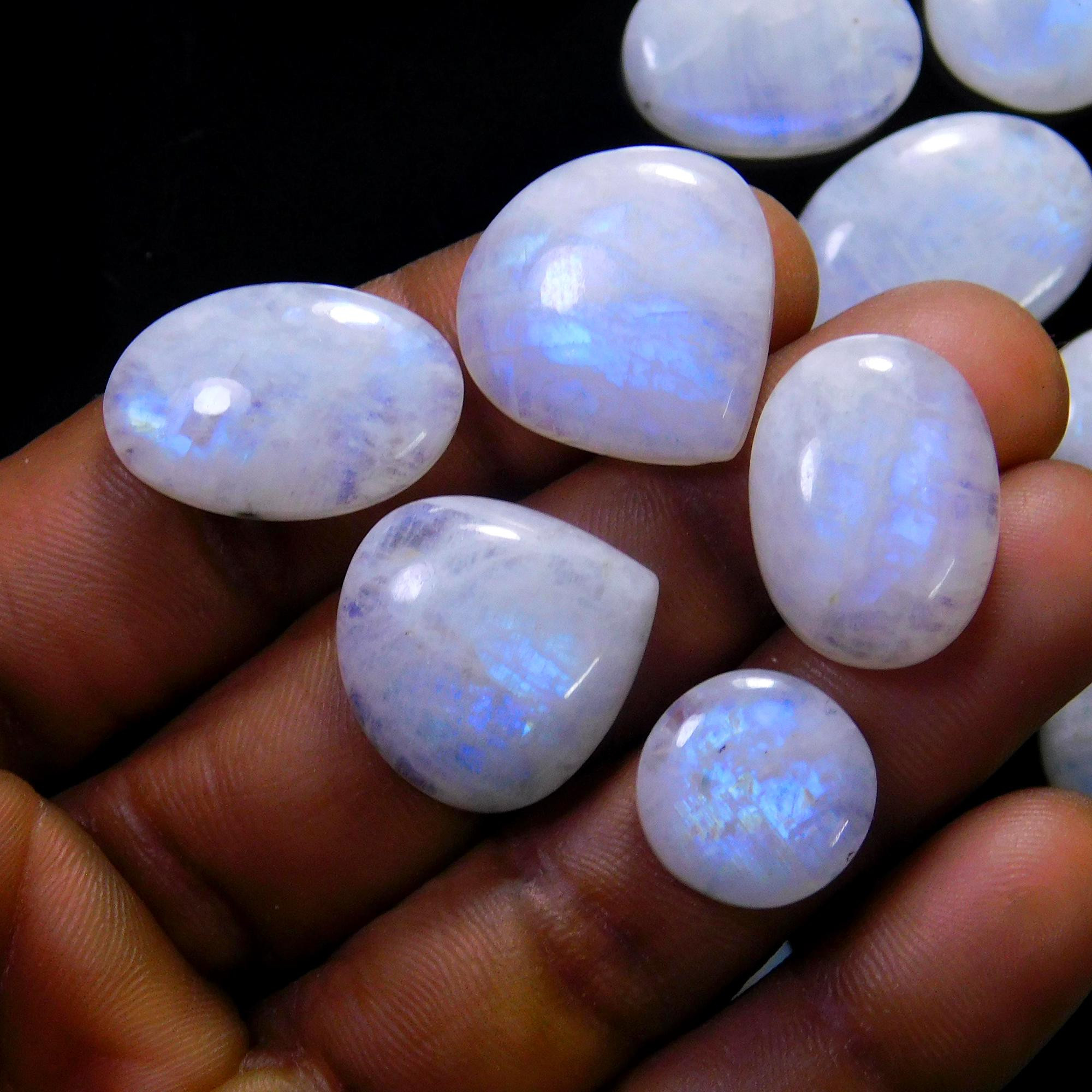 14 Pcs 225 Cts Natural Rainbow Moonstone Gemstone Cabochon Lot 13x13-29x19mmR-13928