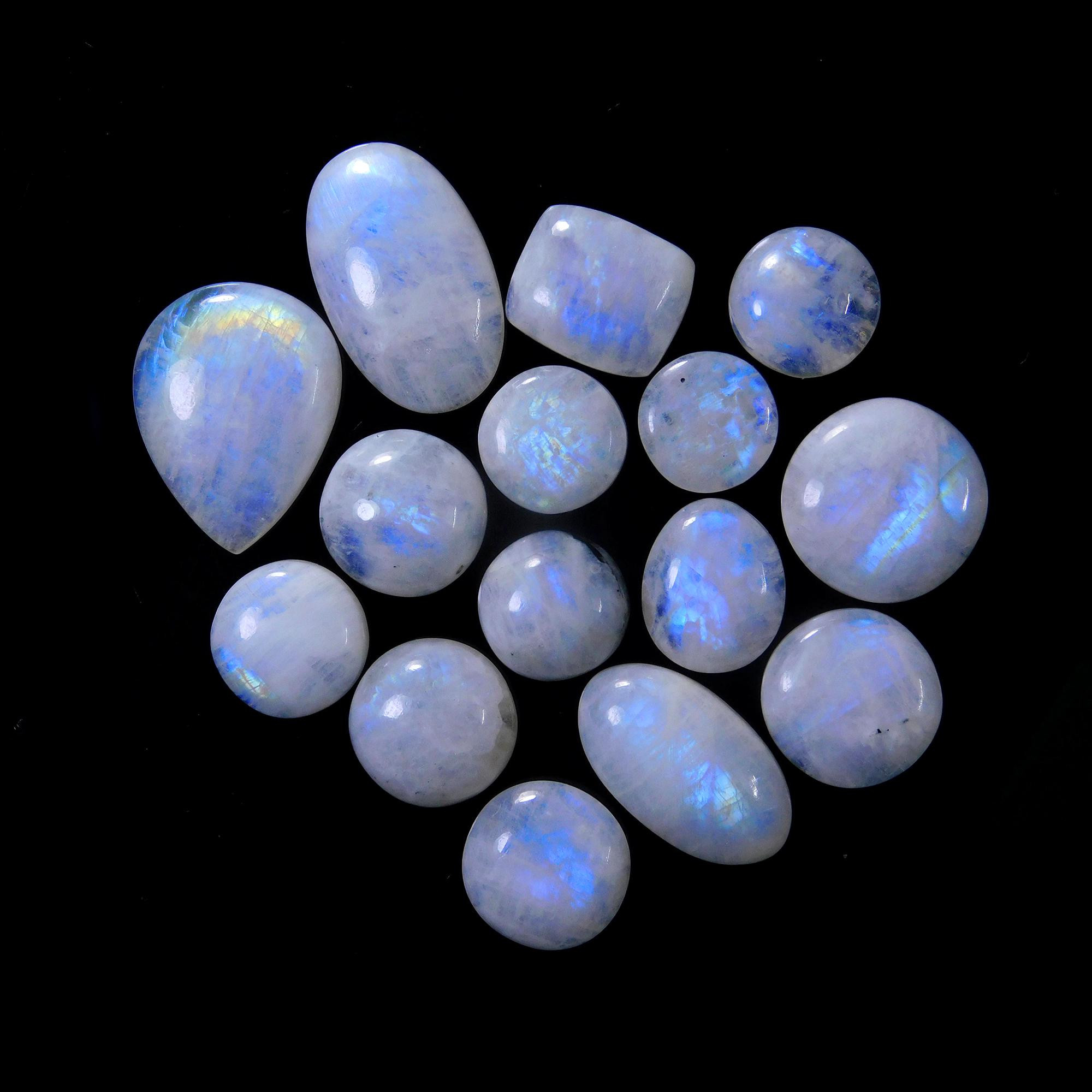15 Pcs 227 Cts Natural Rainbow Moonstone Gemstone Cabochon Lot 13x13-27x20mm13932