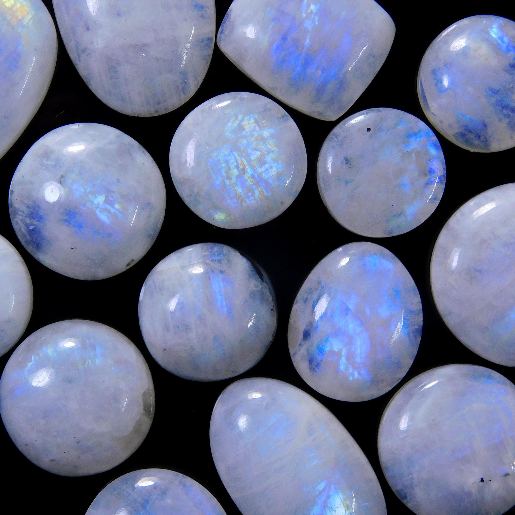 15 Pcs 227 Cts Natural Rainbow Moonstone Gemstone Cabochon Lot 13x13-27x20mm13932