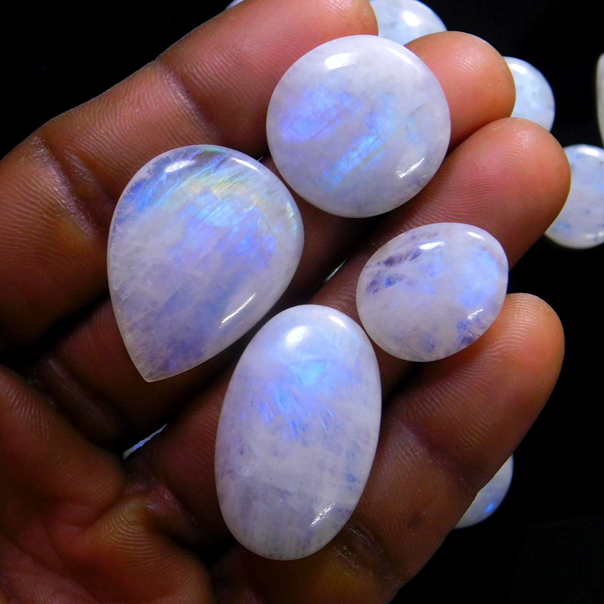 15 Pcs 227 Cts Natural Rainbow Moonstone Gemstone Cabochon Lot 13x13-27x20mm13932