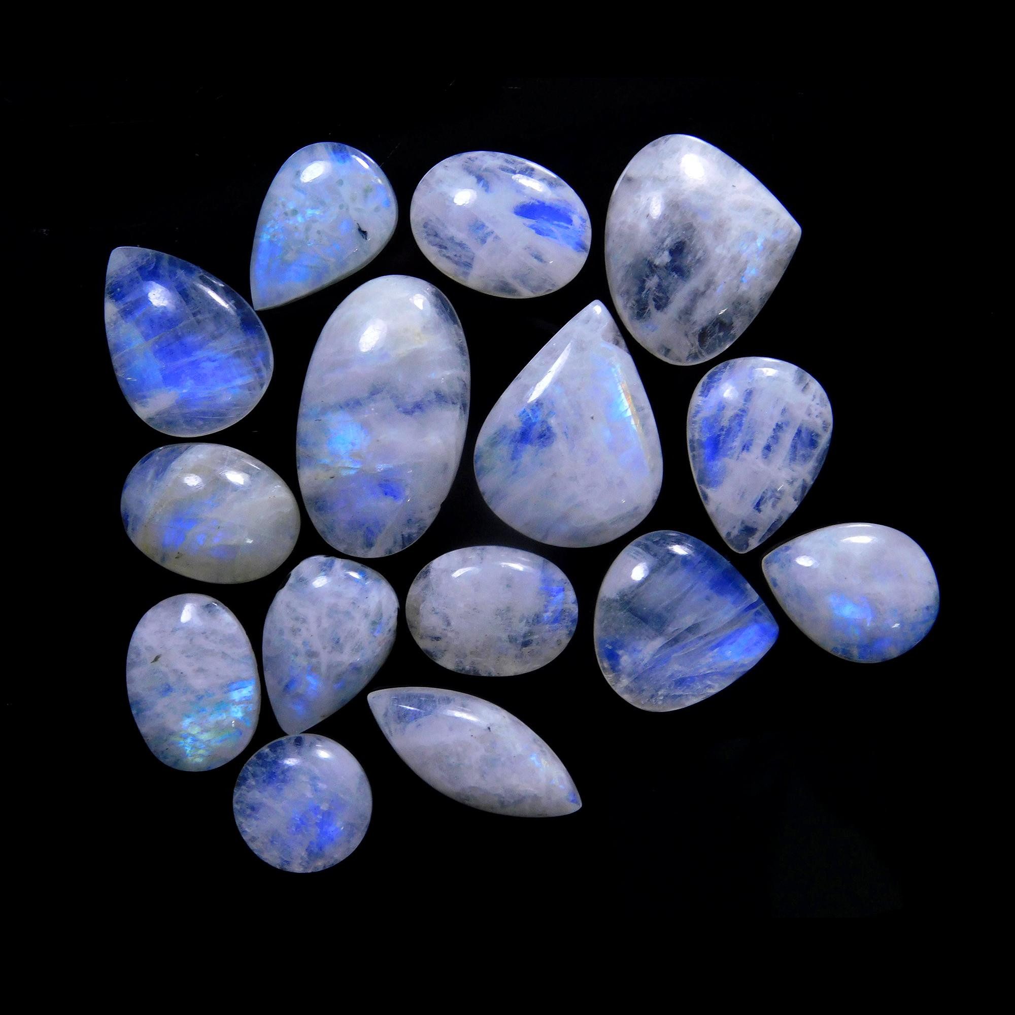 15 Pcs 233 Cts Natural Rainbow Moonstone Gemstone Cabochon Lot 14x14-30x17mm13933