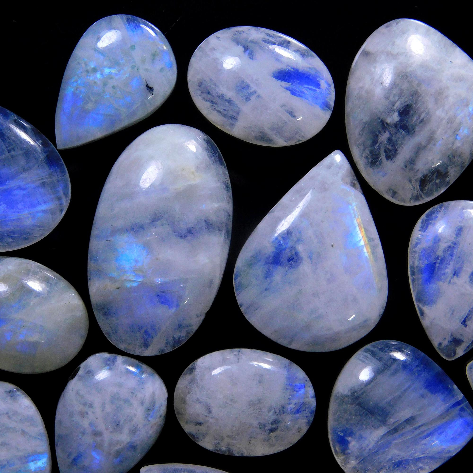15 Pcs 233 Cts Natural Rainbow Moonstone Gemstone Cabochon Lot 14x14-30x17mm13933