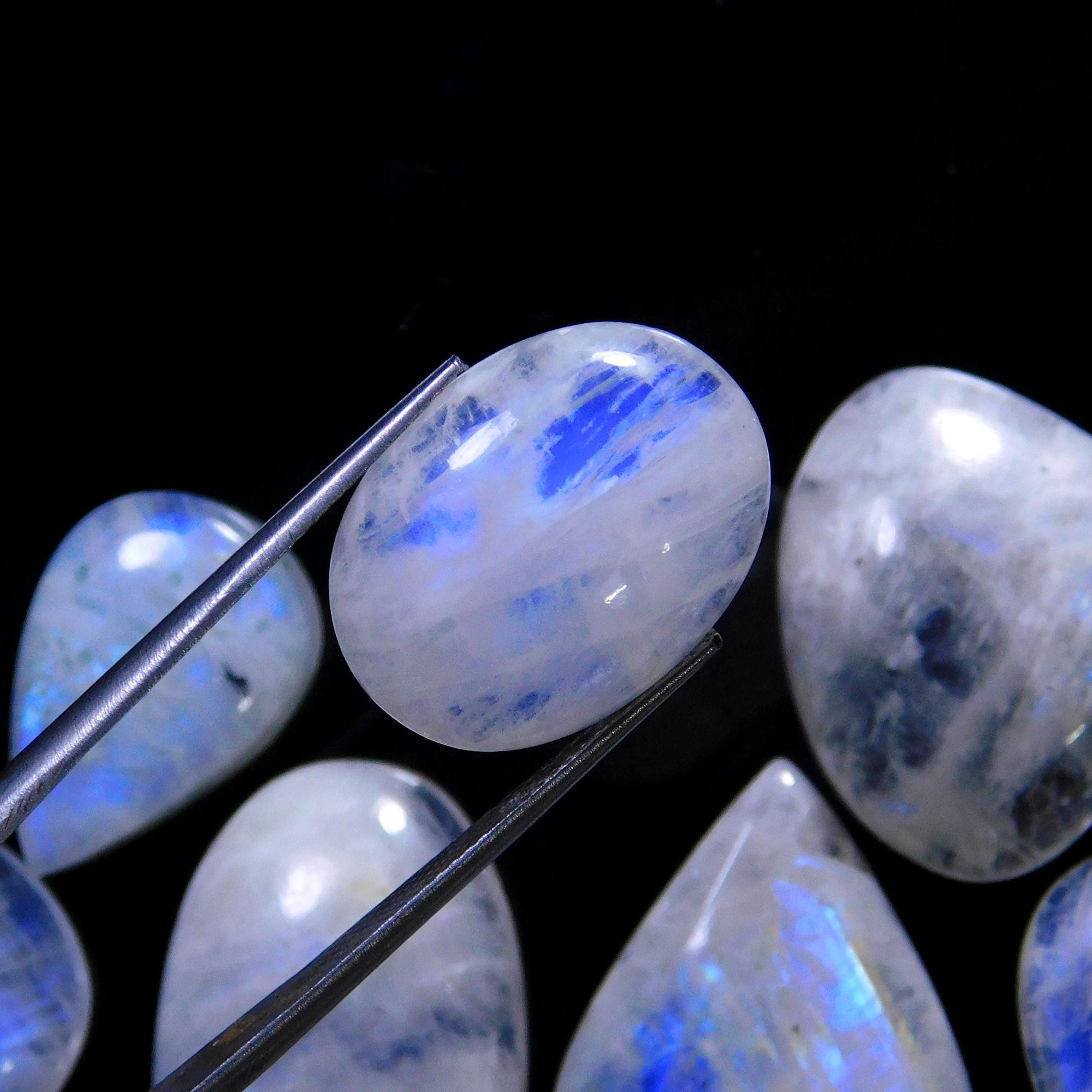 15 Pcs 233 Cts Natural Rainbow Moonstone Gemstone Cabochon Lot 14x14-30x17mm13933