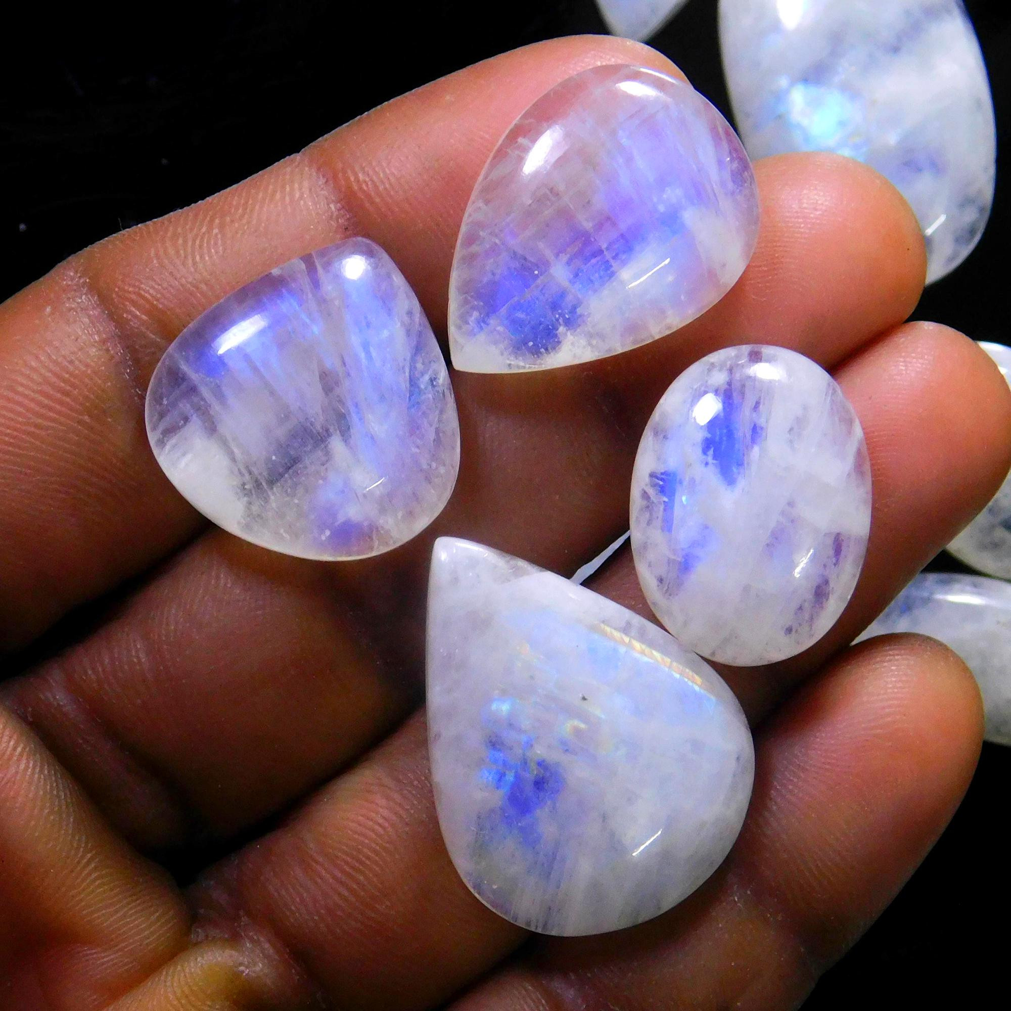 15 Pcs 233 Cts Natural Rainbow Moonstone Gemstone Cabochon Lot 14x14-30x17mm13933