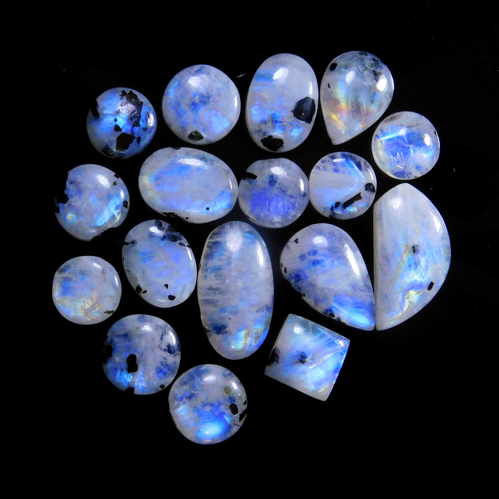 17 Pcs 159 Cts Natural Rainbow Moonstone Gemstone Cabochon Lot 11x11-26x13mm13935