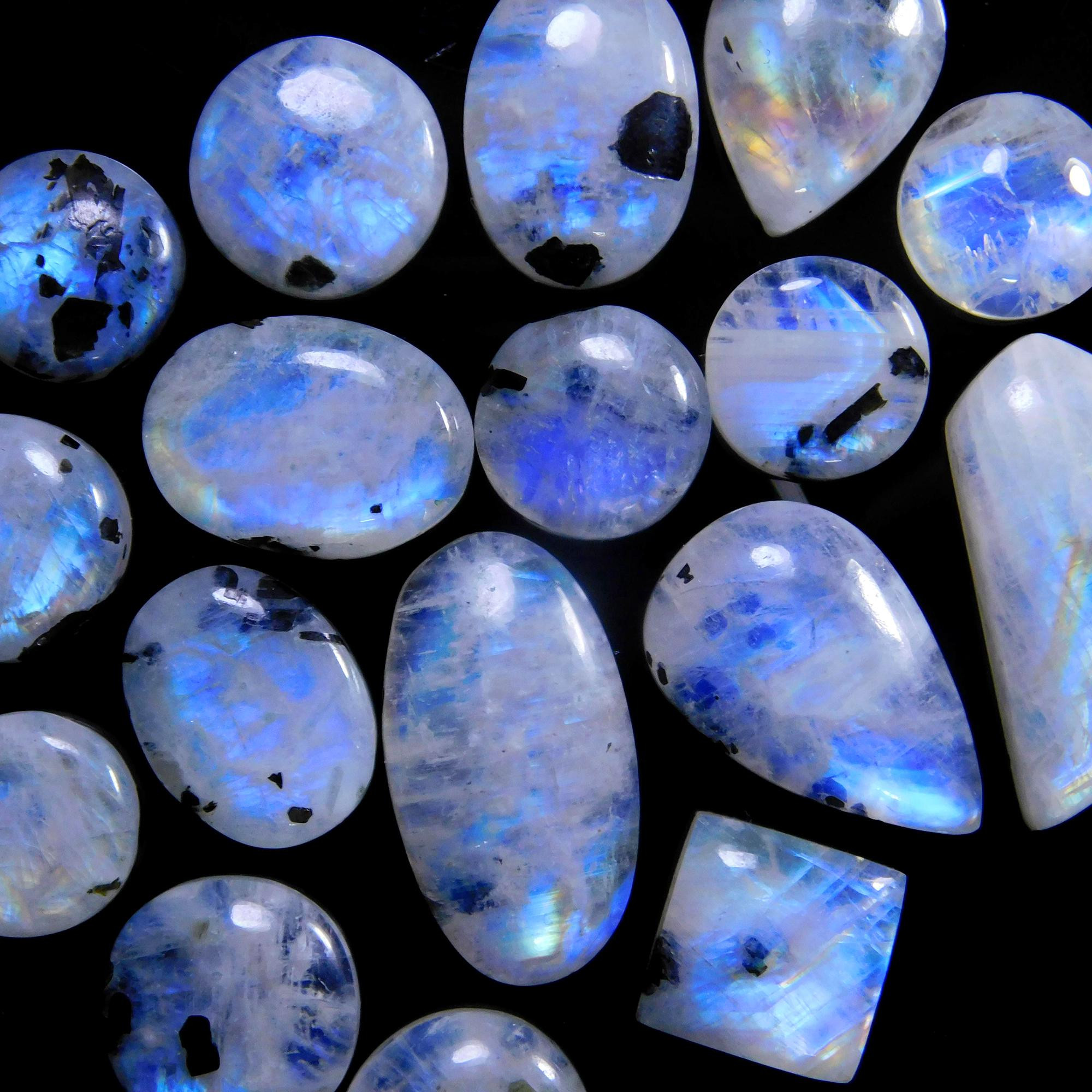 17 Pcs 159 Cts Natural Rainbow Moonstone Gemstone Cabochon Lot 11x11-26x13mm13935