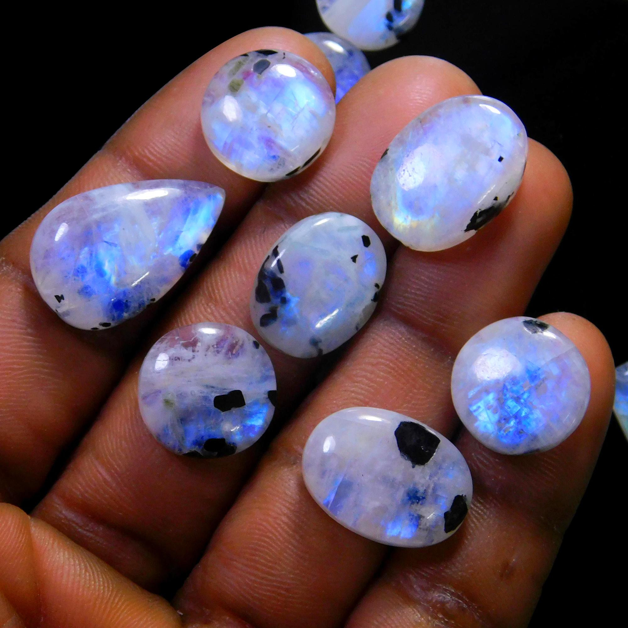 17 Pcs 159 Cts Natural Rainbow Moonstone Gemstone Cabochon Lot 11x11-26x13mm13935