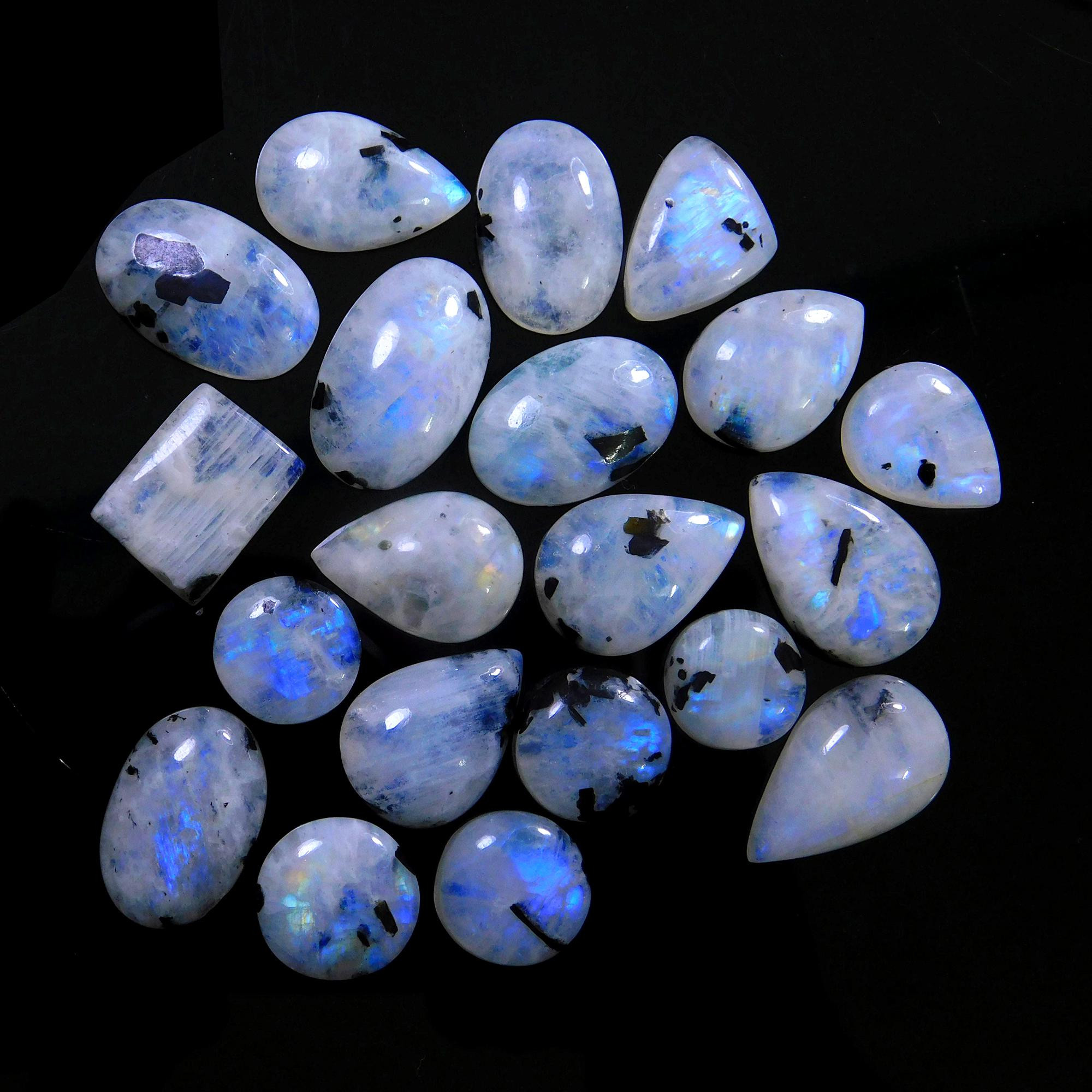 20 Pcs 193 Cts Natural Rainbow Moonstone Gemstone Cabochon Lot 11x11-21x13mm13936