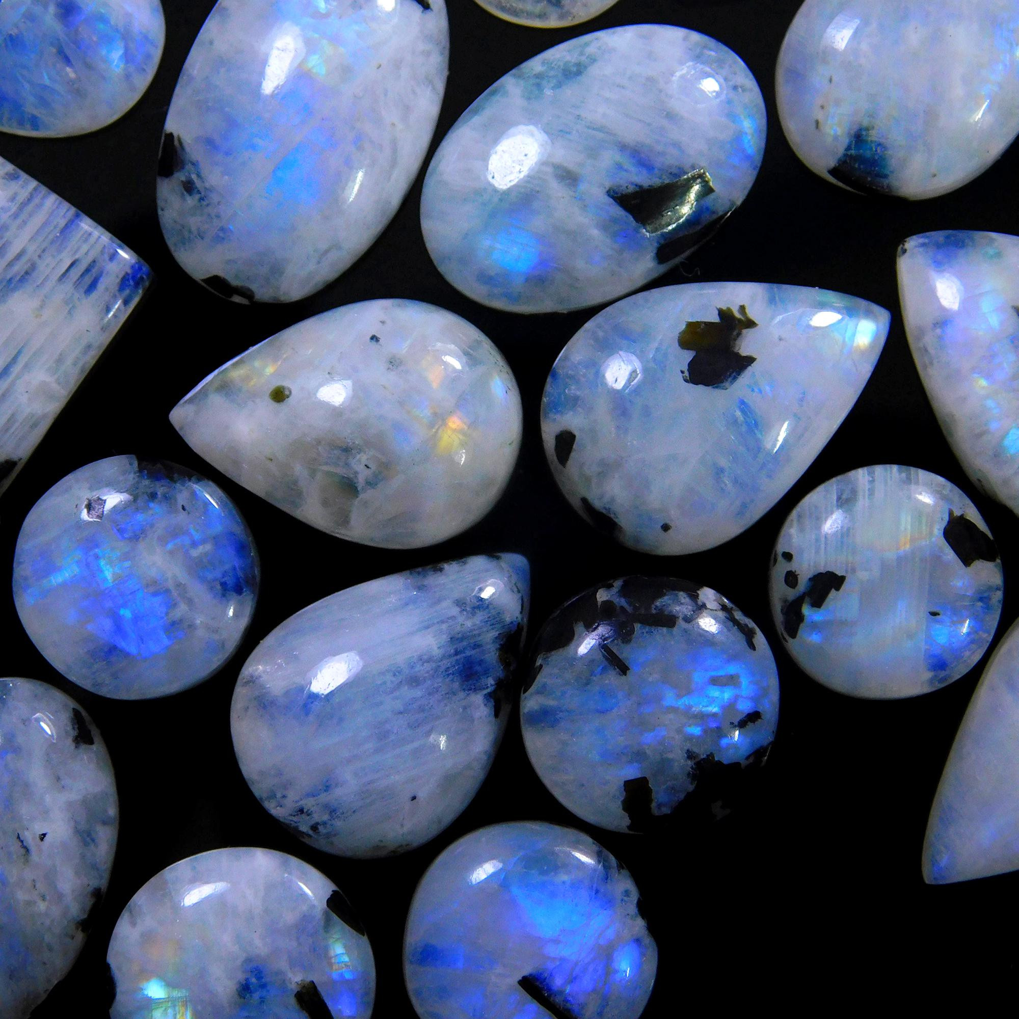 20 Pcs 193 Cts Natural Rainbow Moonstone Gemstone Cabochon Lot 11x11-21x13mm13936
