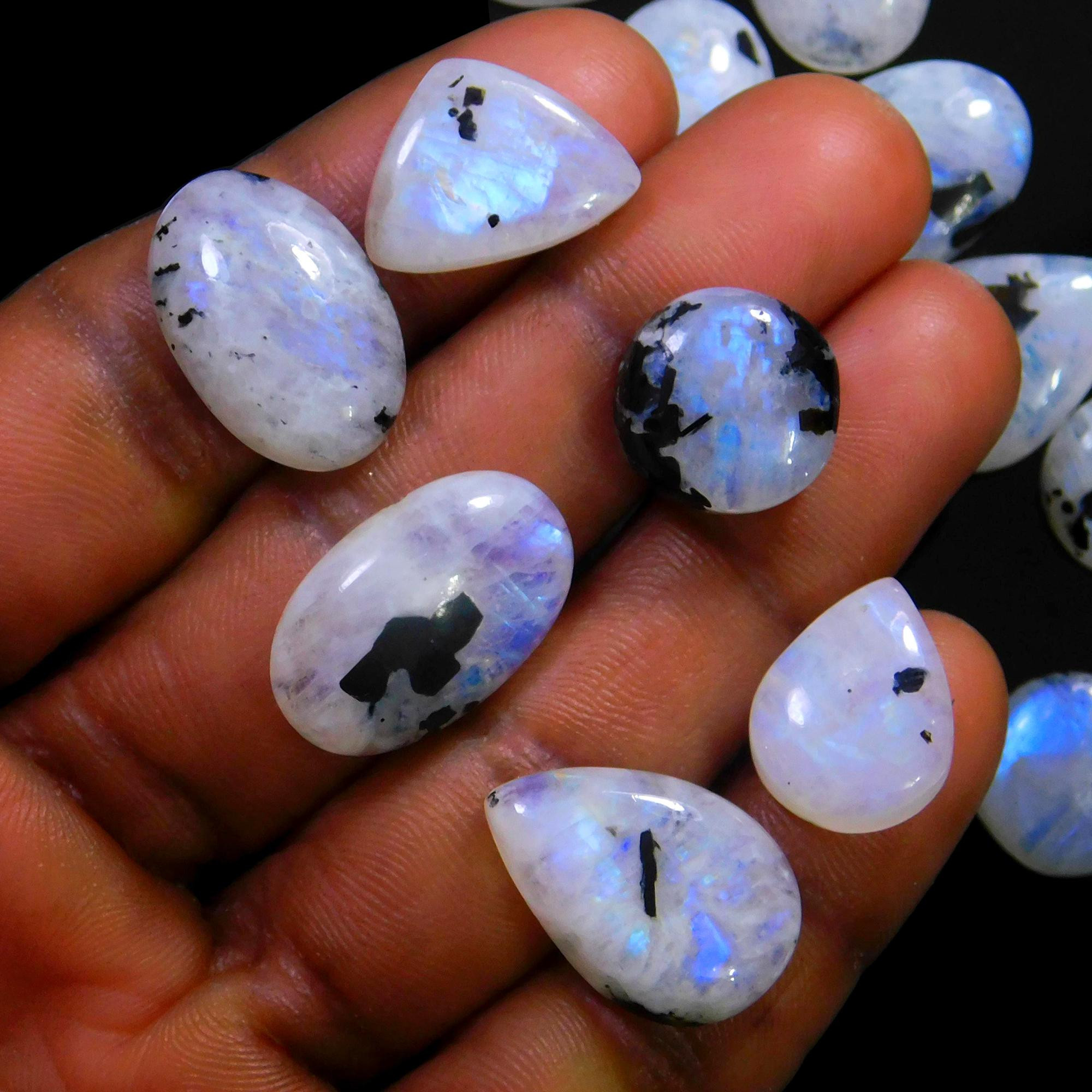 20 Pcs 193 Cts Natural Rainbow Moonstone Gemstone Cabochon Lot 11x11-21x13mm13936