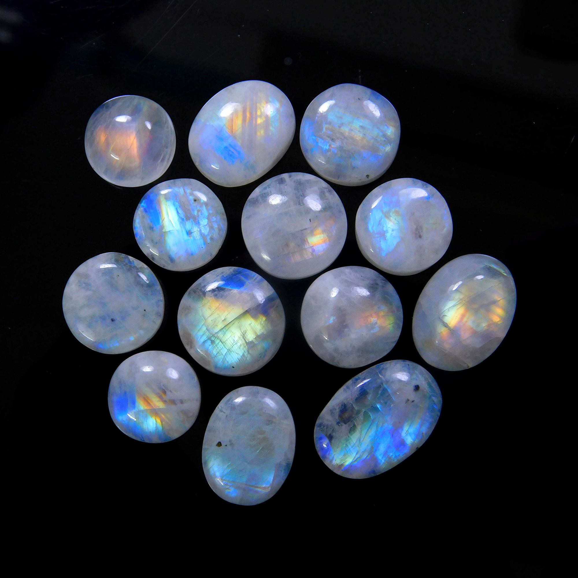 13 Pcs 103 Cts Natural Rainbow Moonstone Gemstone Cabochon Lot 11x11-17x11mmR-13937