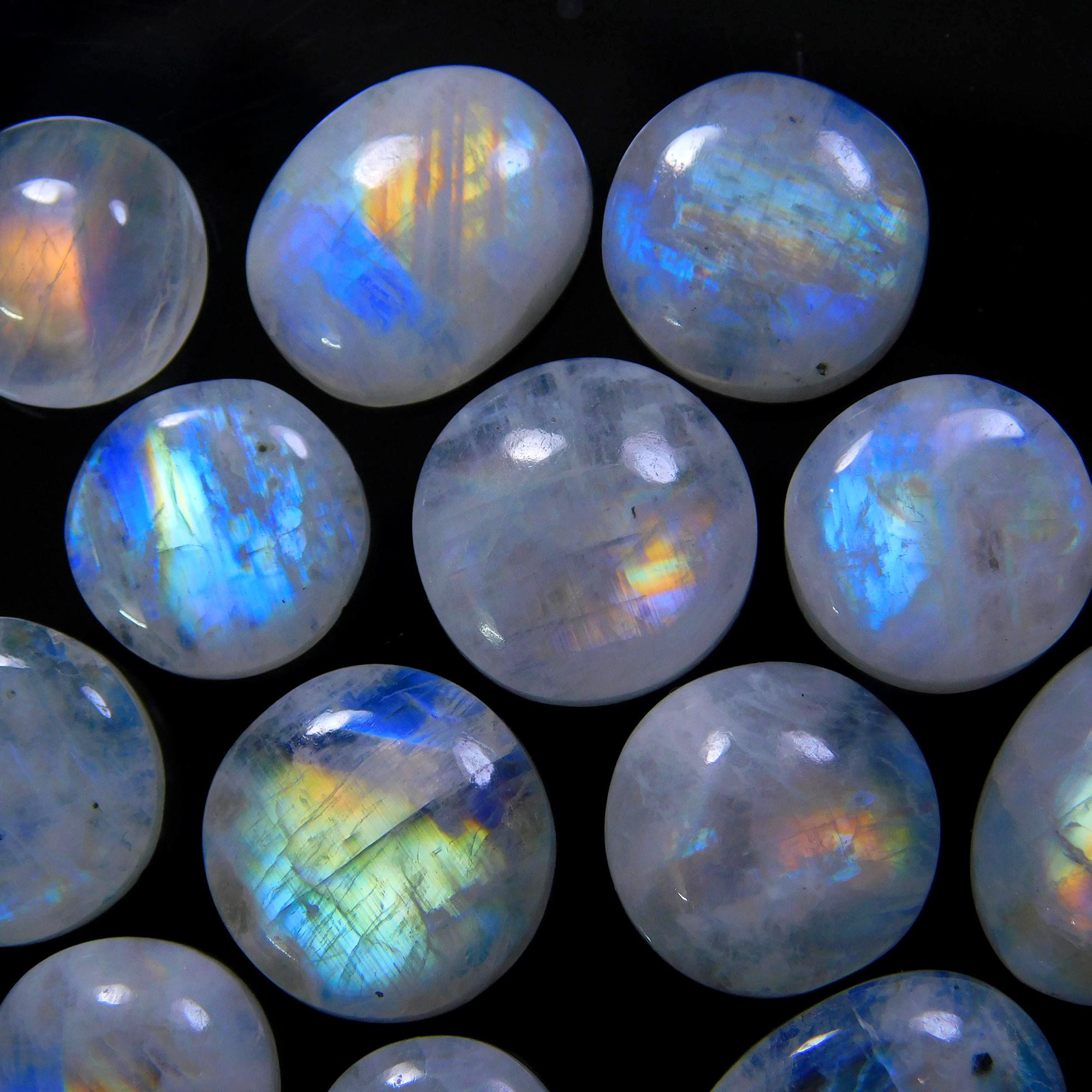 13 Pcs 103 Cts Natural Rainbow Moonstone Gemstone Cabochon Lot 11x11-17x11mmR-13937