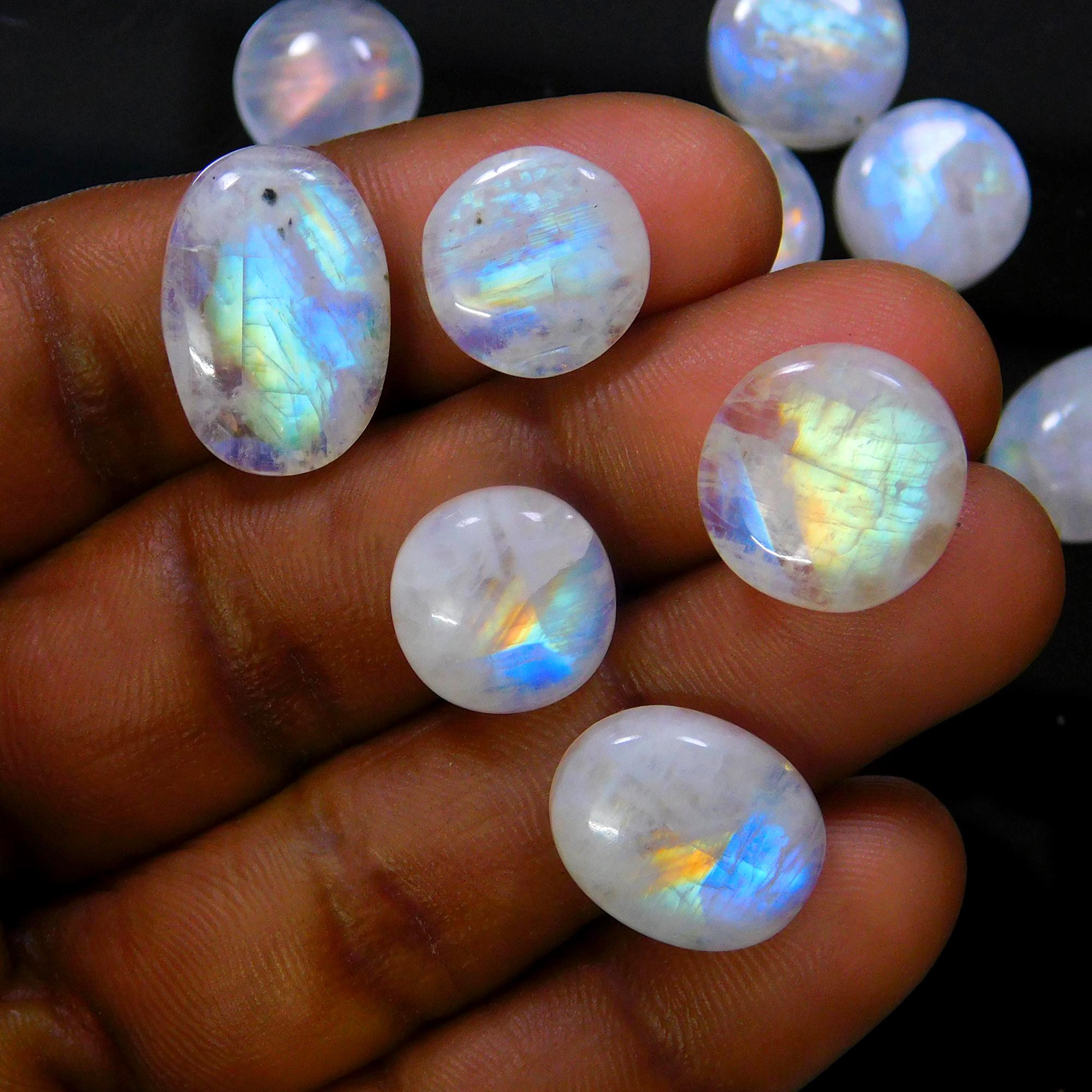 13 Pcs 103 Cts Natural Rainbow Moonstone Gemstone Cabochon Lot 11x11-17x11mmR-13937