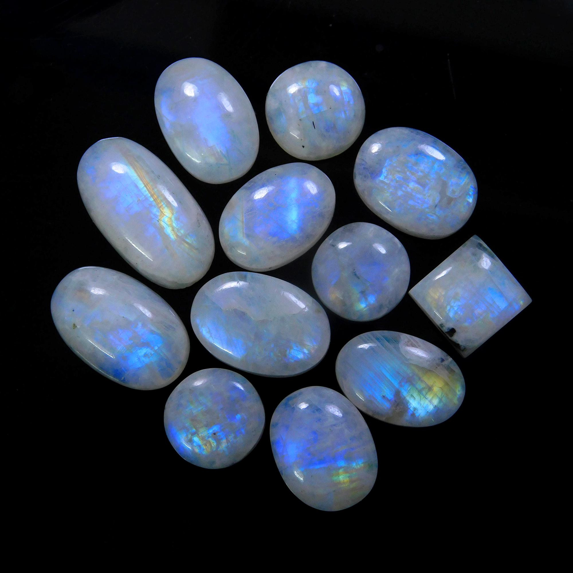 12 Pcs 142 Cts Natural Rainbow Moonstone Gemstone Cabochon Lot 12x12-23x12mmR-13938