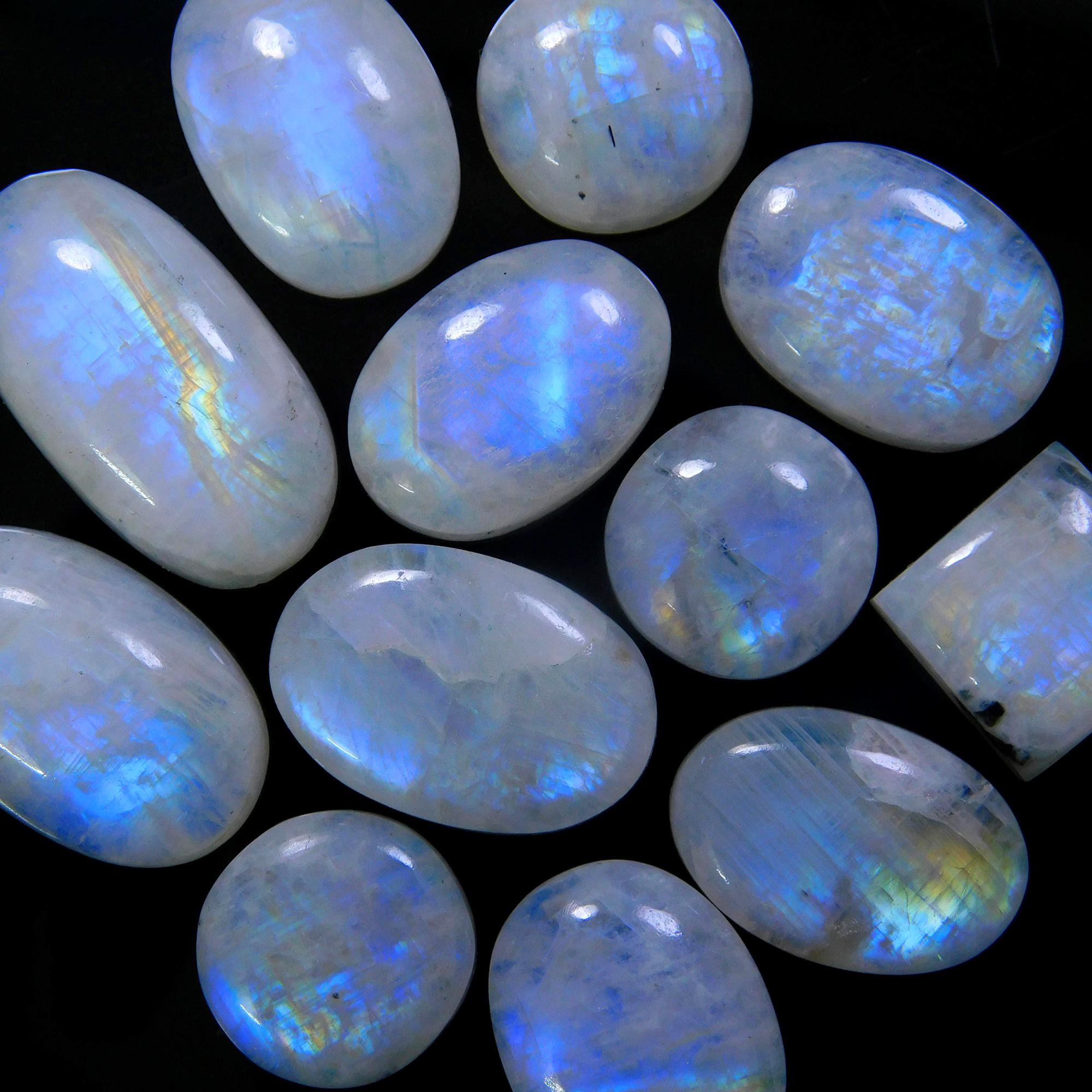 12 Pcs 142 Cts Natural Rainbow Moonstone Gemstone Cabochon Lot 12x12-23x12mmR-13938