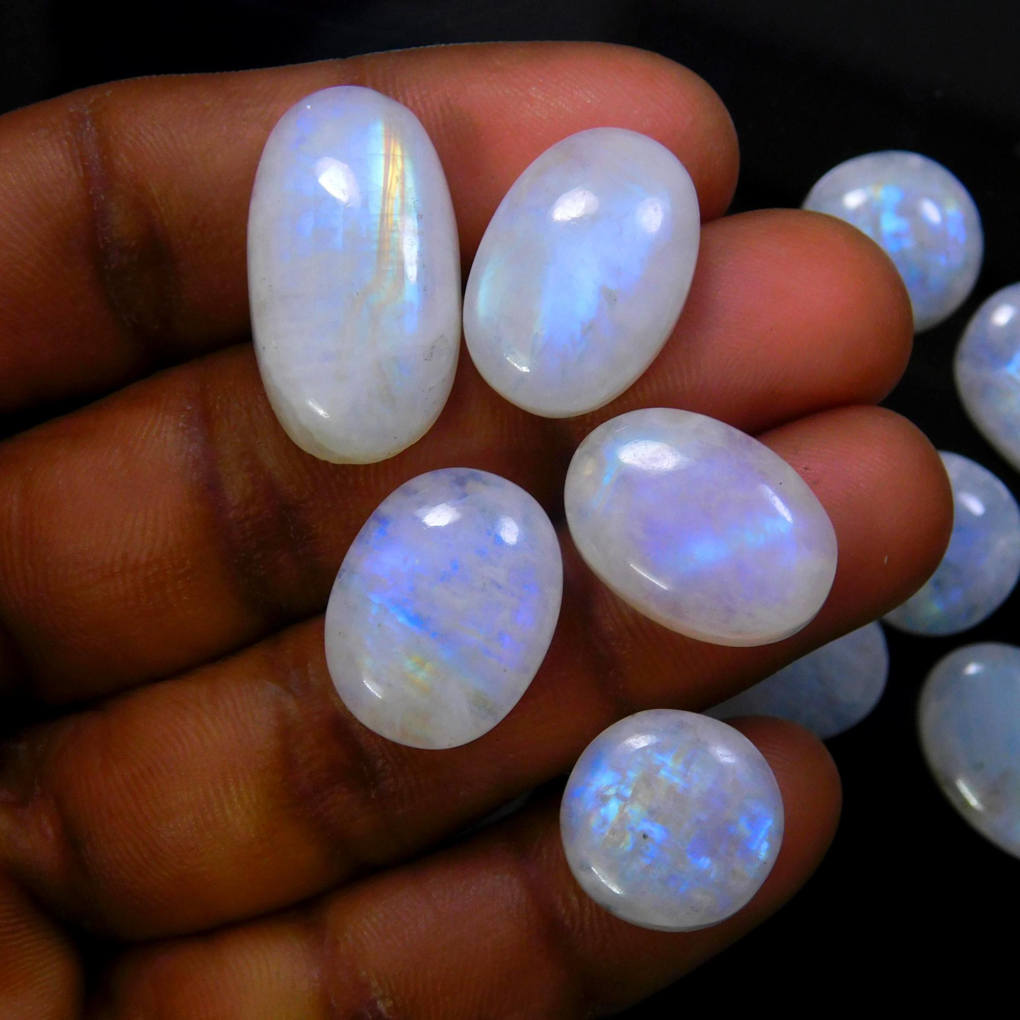12 Pcs 142 Cts Natural Rainbow Moonstone Gemstone Cabochon Lot 12x12-23x12mmR-13938