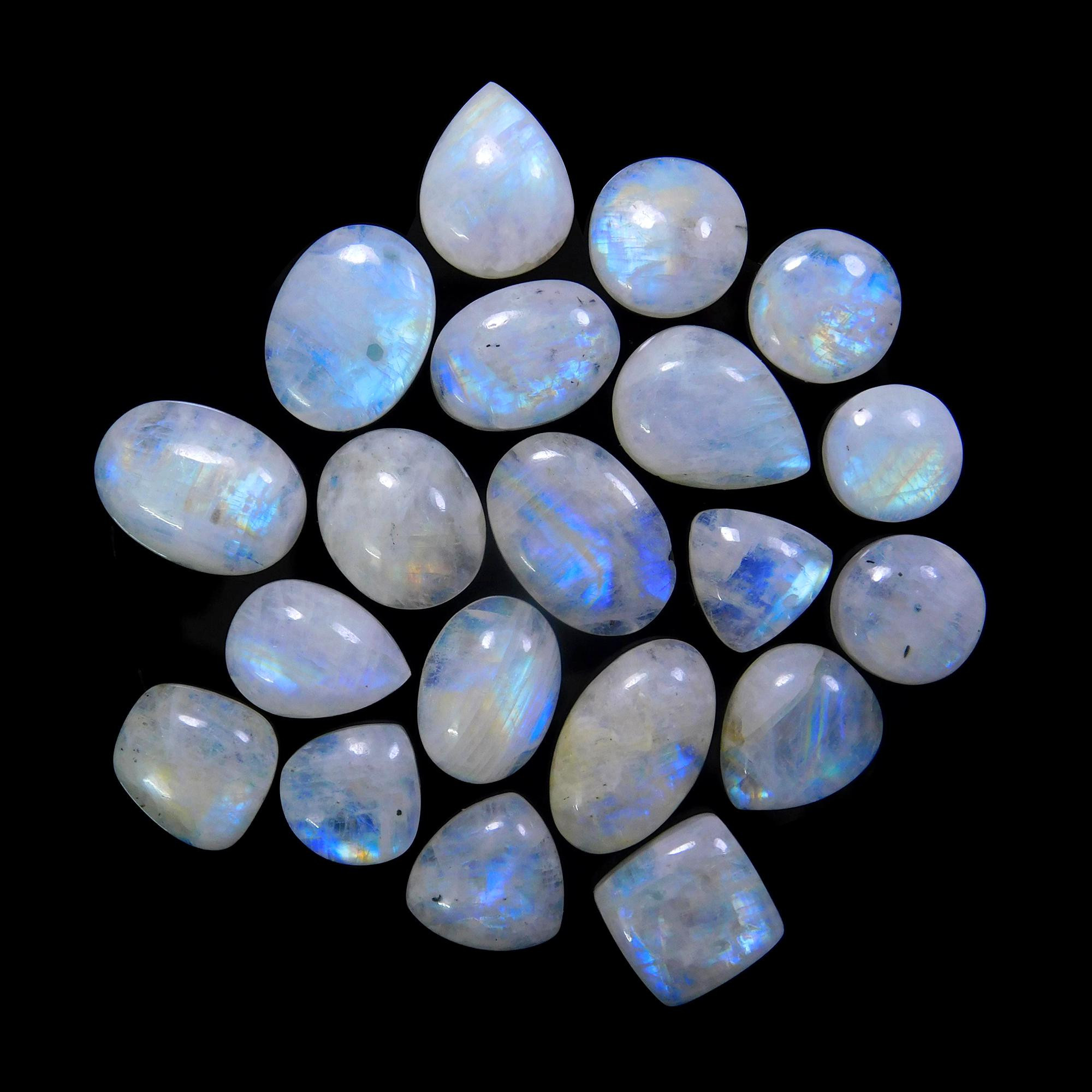 20 Pcs 186 Cts Natural Rainbow Moonstone Gemstone Cabochon Lot 11x11-18x12mm13939