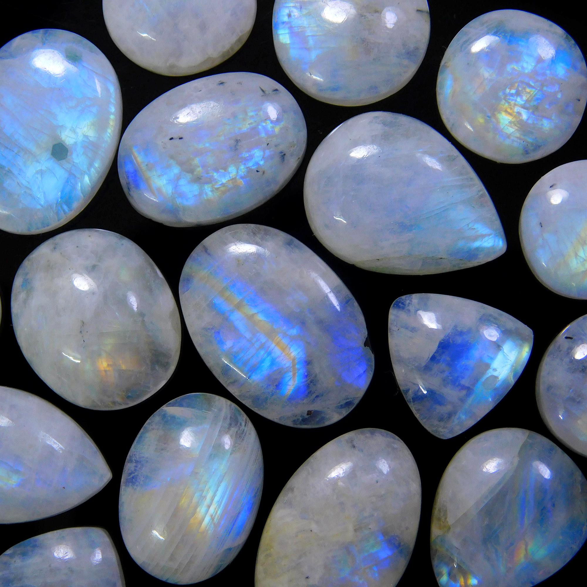 20 Pcs 186 Cts Natural Rainbow Moonstone Gemstone Cabochon Lot 11x11-18x12mm13939