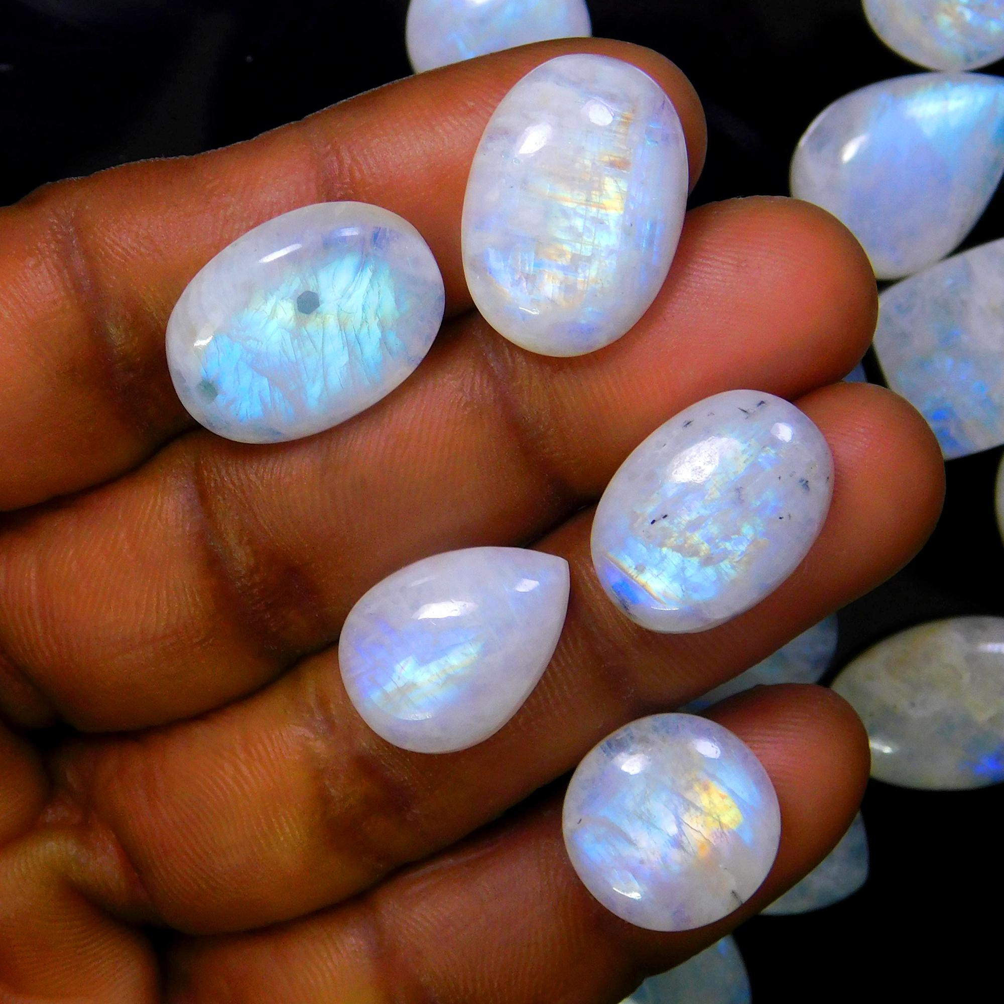 20 Pcs 186 Cts Natural Rainbow Moonstone Gemstone Cabochon Lot 11x11-18x12mm13939
