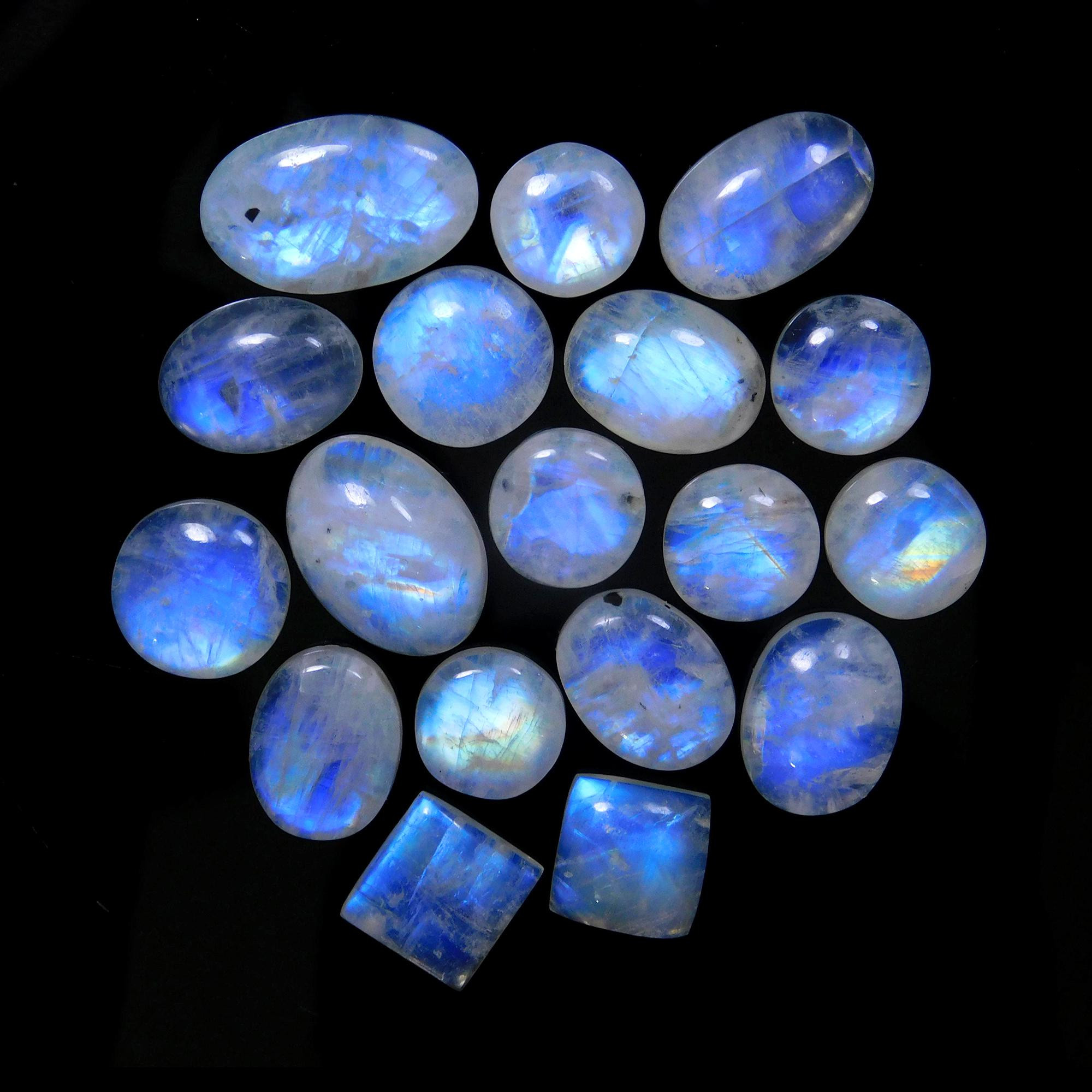 18 Pcs 154 Cts Natural Rainbow Moonstone Gemstone Cabochon Lot 11x11-21x12mm13940