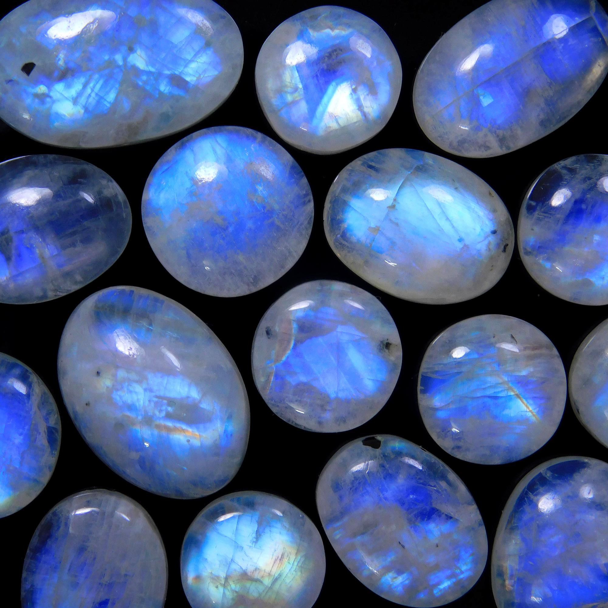 18 Pcs 154 Cts Natural Rainbow Moonstone Gemstone Cabochon Lot 11x11-21x12mm13940