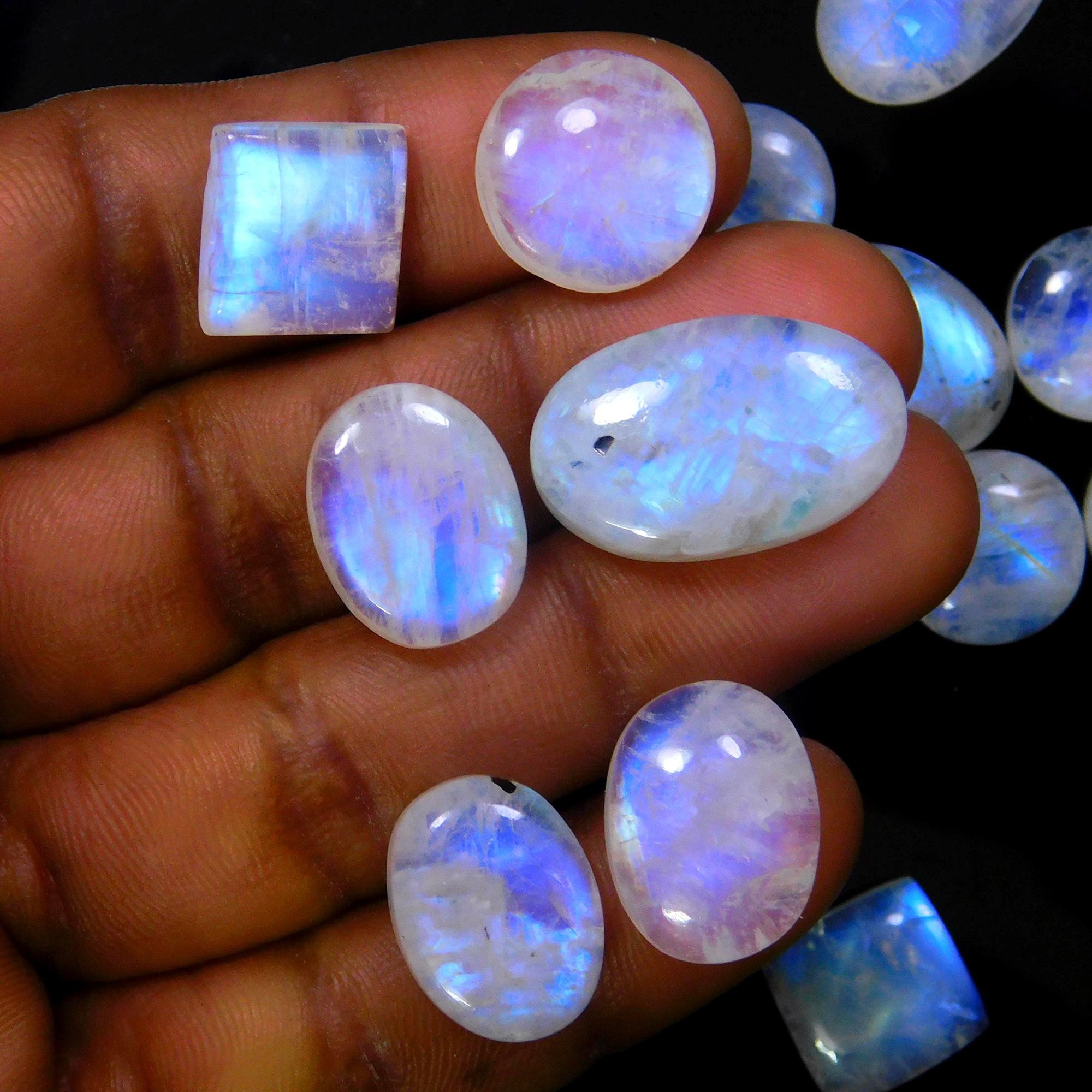18 Pcs 154 Cts Natural Rainbow Moonstone Gemstone Cabochon Lot 11x11-21x12mm13940