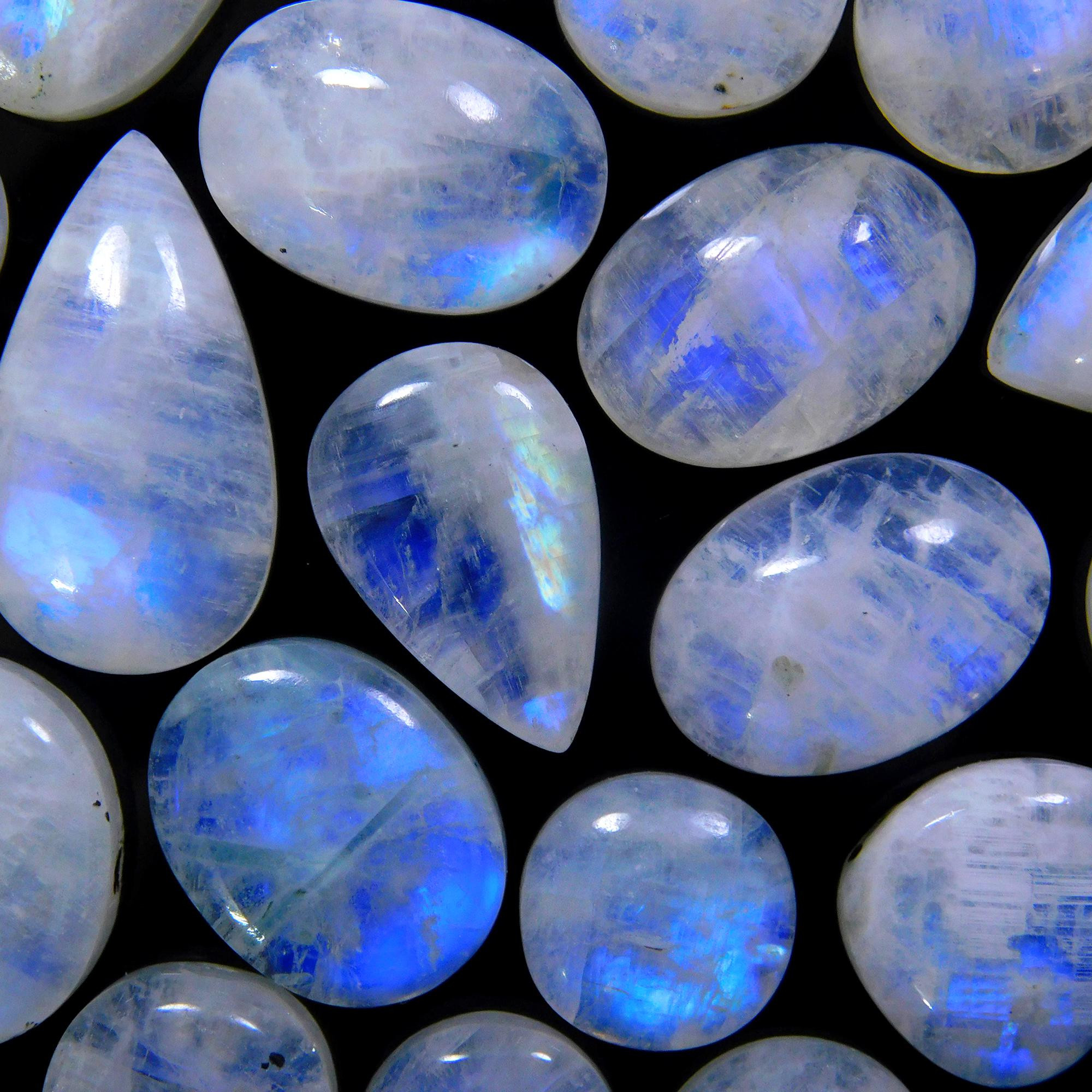 17 Pcs 205 Cts Natural Rainbow Moonstone Gemstone Cabochon Lot 11x11-23x12mm13941