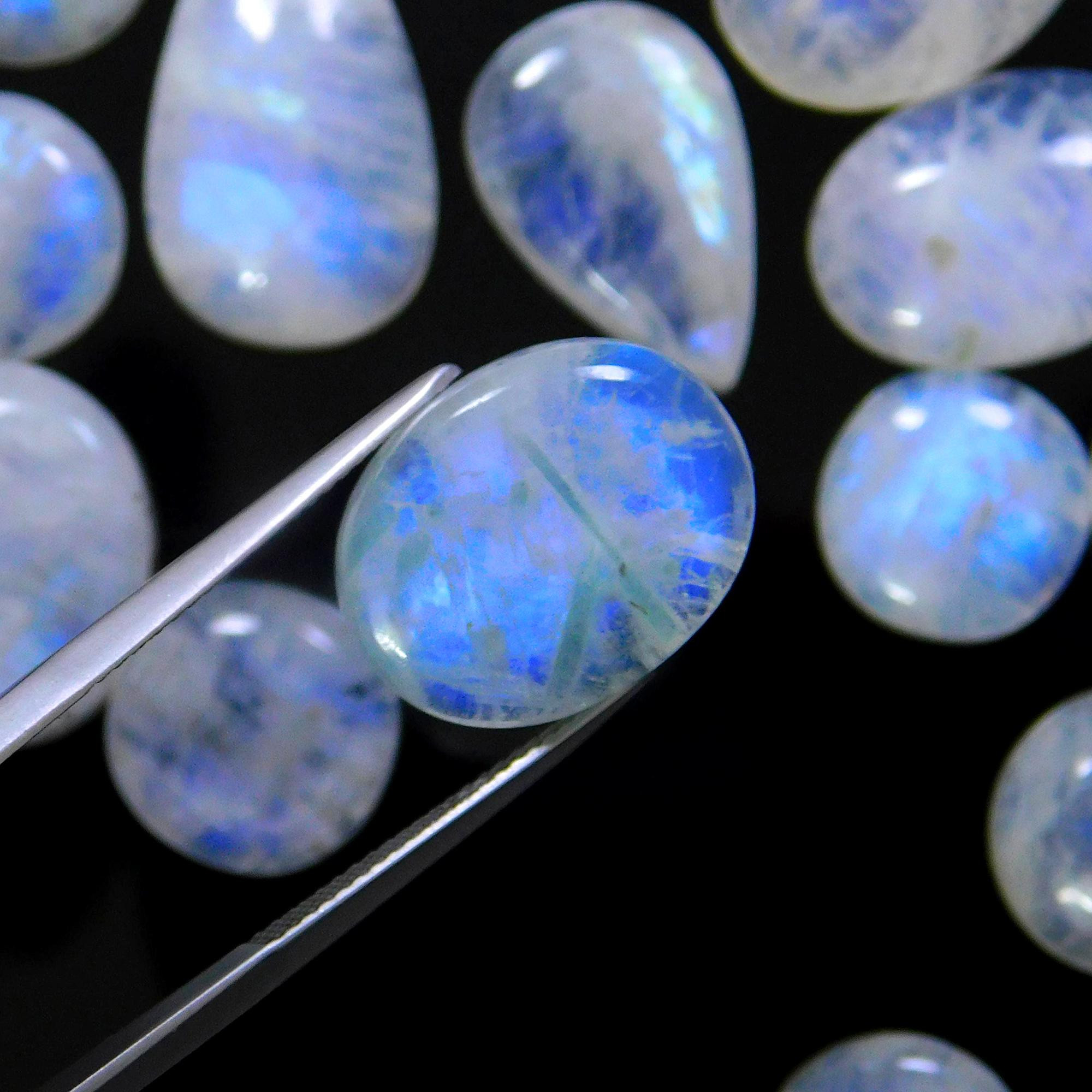 17 Pcs 205 Cts Natural Rainbow Moonstone Gemstone Cabochon Lot 11x11-23x12mm13941