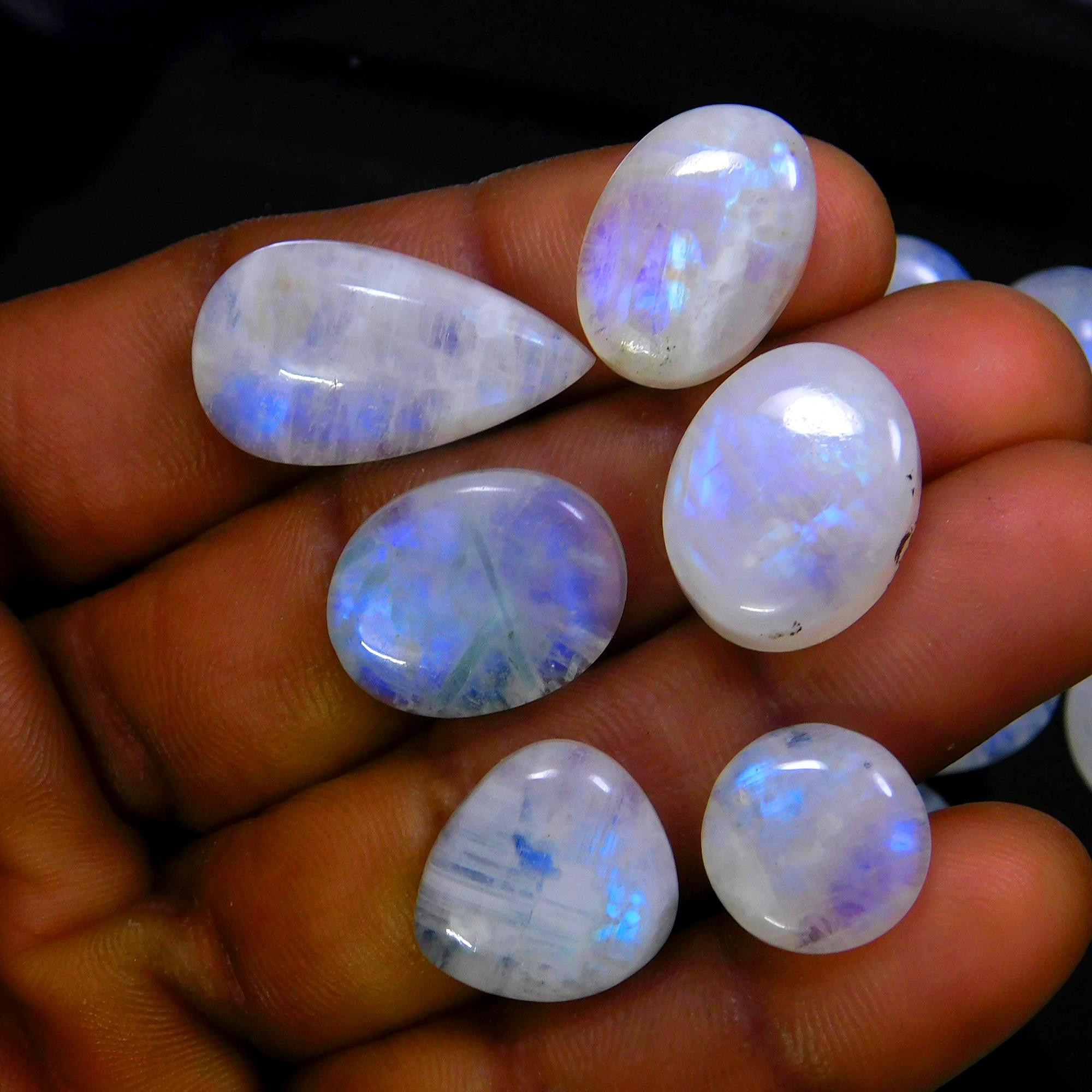 17 Pcs 205 Cts Natural Rainbow Moonstone Gemstone Cabochon Lot 11x11-23x12mm13941