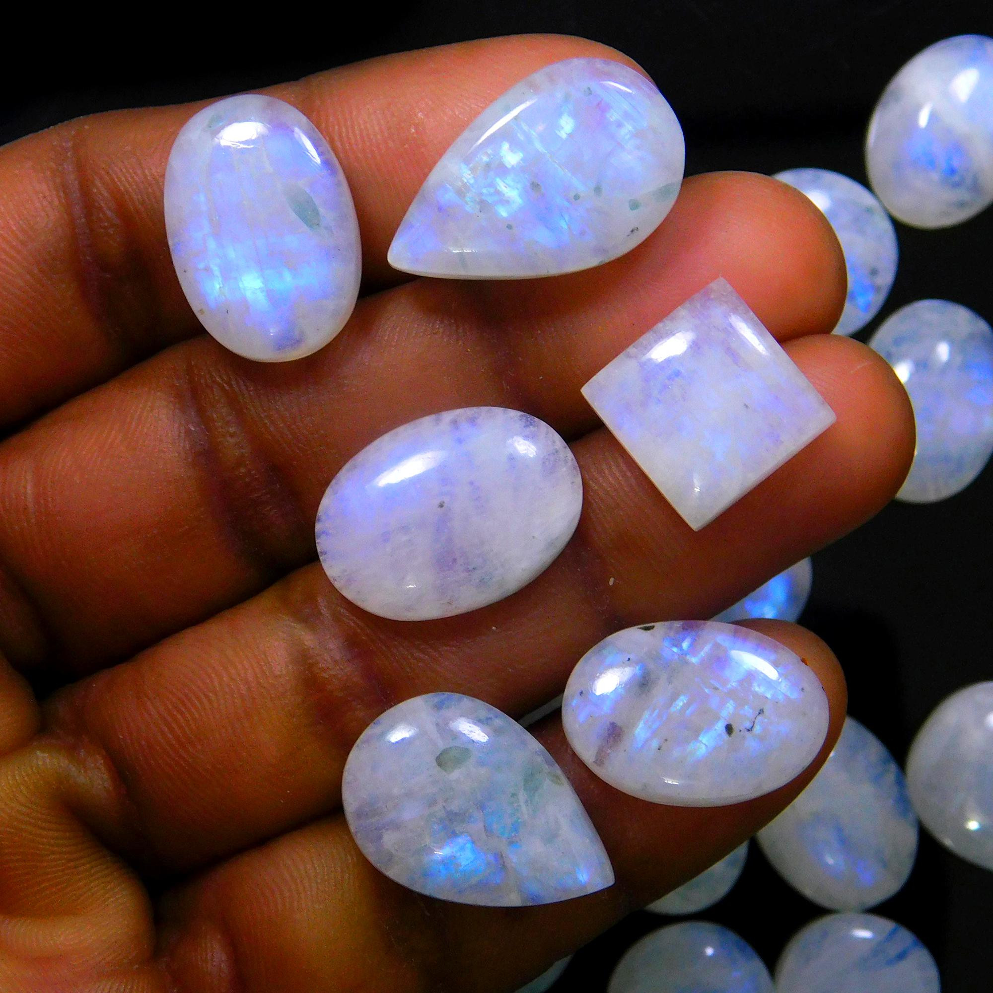 26 Pcs 261 Cts Natural Rainbow Moonstone Gemstone Cabochon Lot 11x11-20x12mm13944