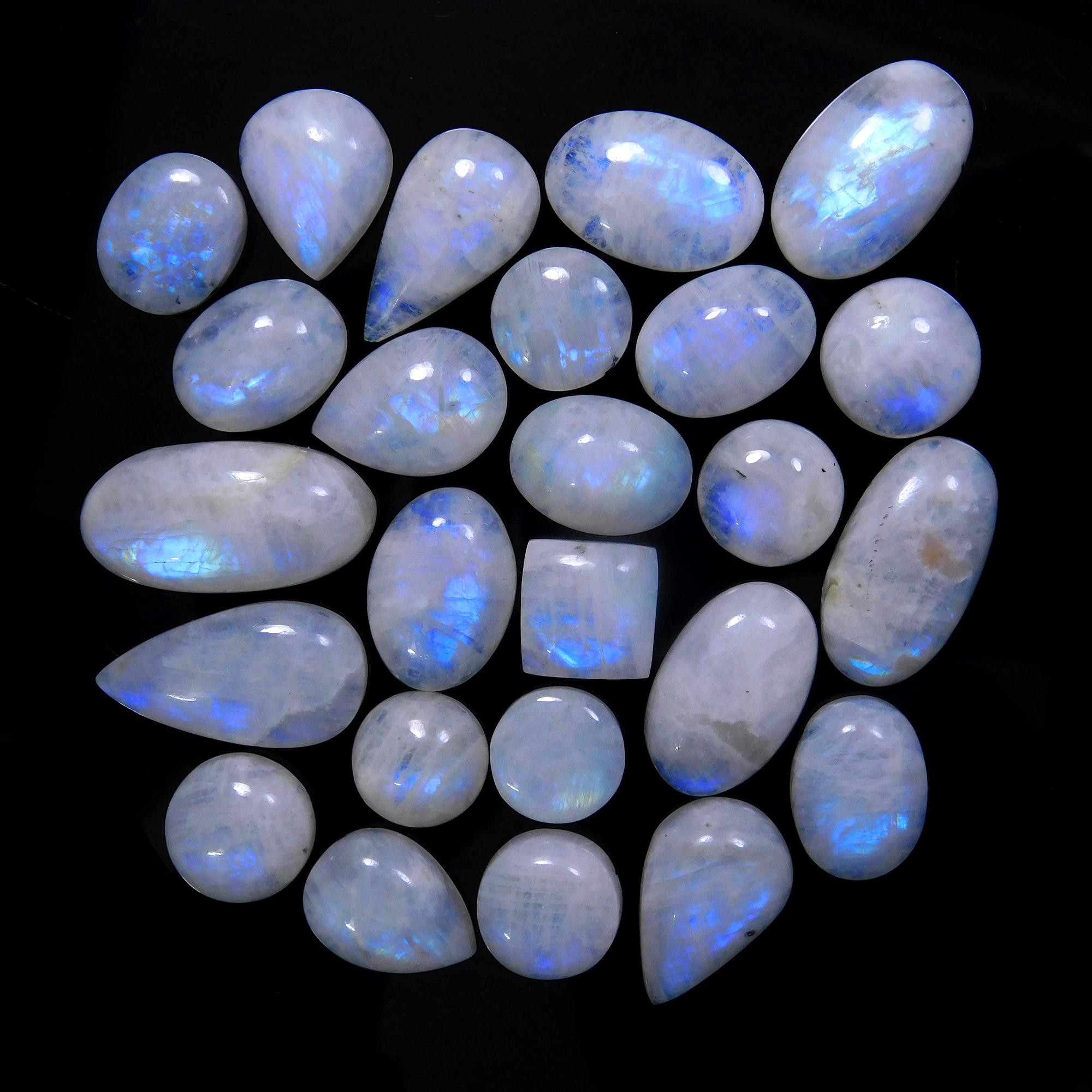 25 Pcs 259 Cts Natural Rainbow Moonstone Gemstone Cabochon Lot 11x11-25x12mm13946