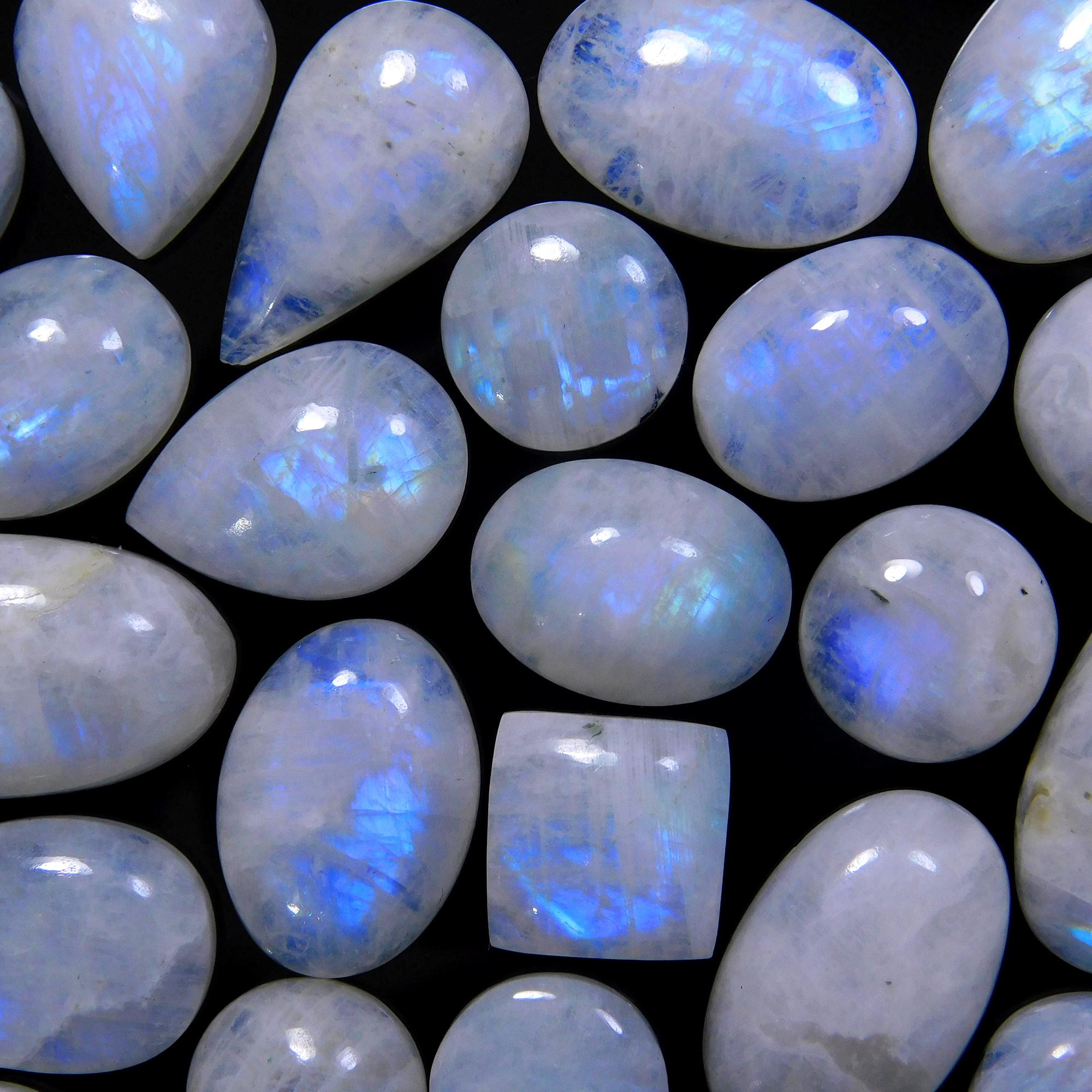 25 Pcs 259 Cts Natural Rainbow Moonstone Gemstone Cabochon Lot 11x11-25x12mm13946