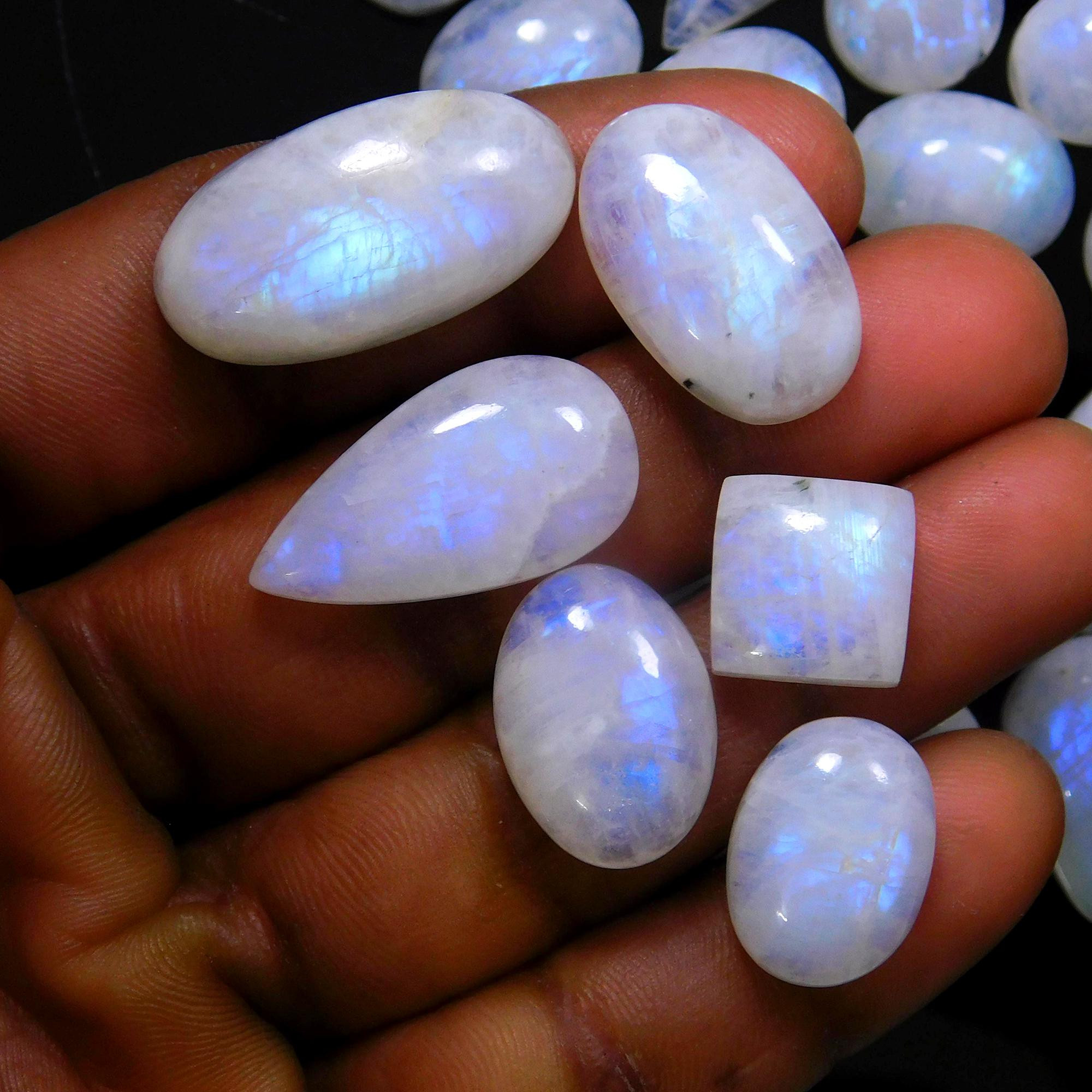 25 Pcs 259 Cts Natural Rainbow Moonstone Gemstone Cabochon Lot 11x11-25x12mm13946
