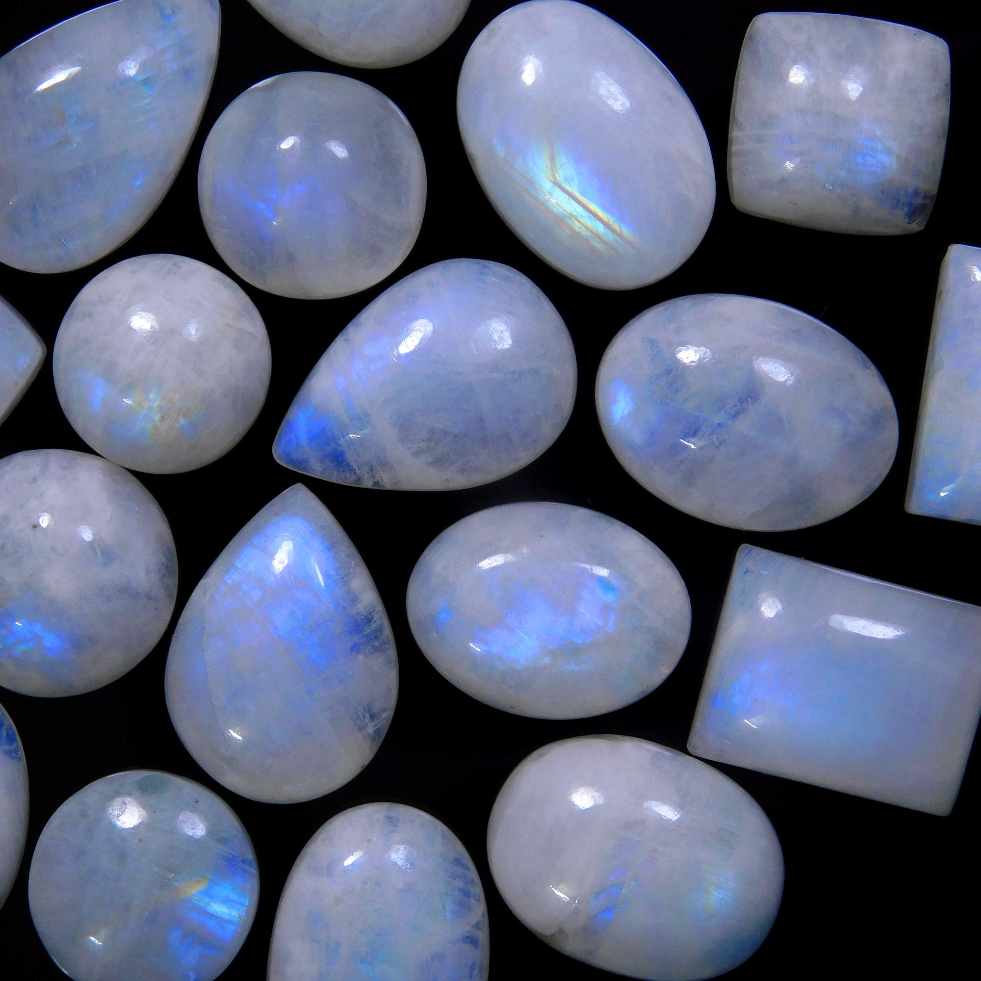 21 Pcs 215 Cts Natural Rainbow Moonstone Gemstone Cabochon Lot 11x11-19x12mm13949