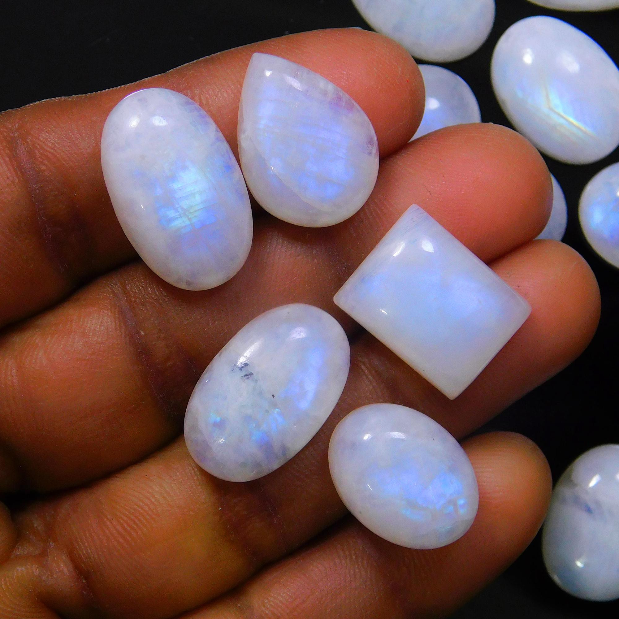 21 Pcs 215 Cts Natural Rainbow Moonstone Gemstone Cabochon Lot 11x11-19x12mm13949
