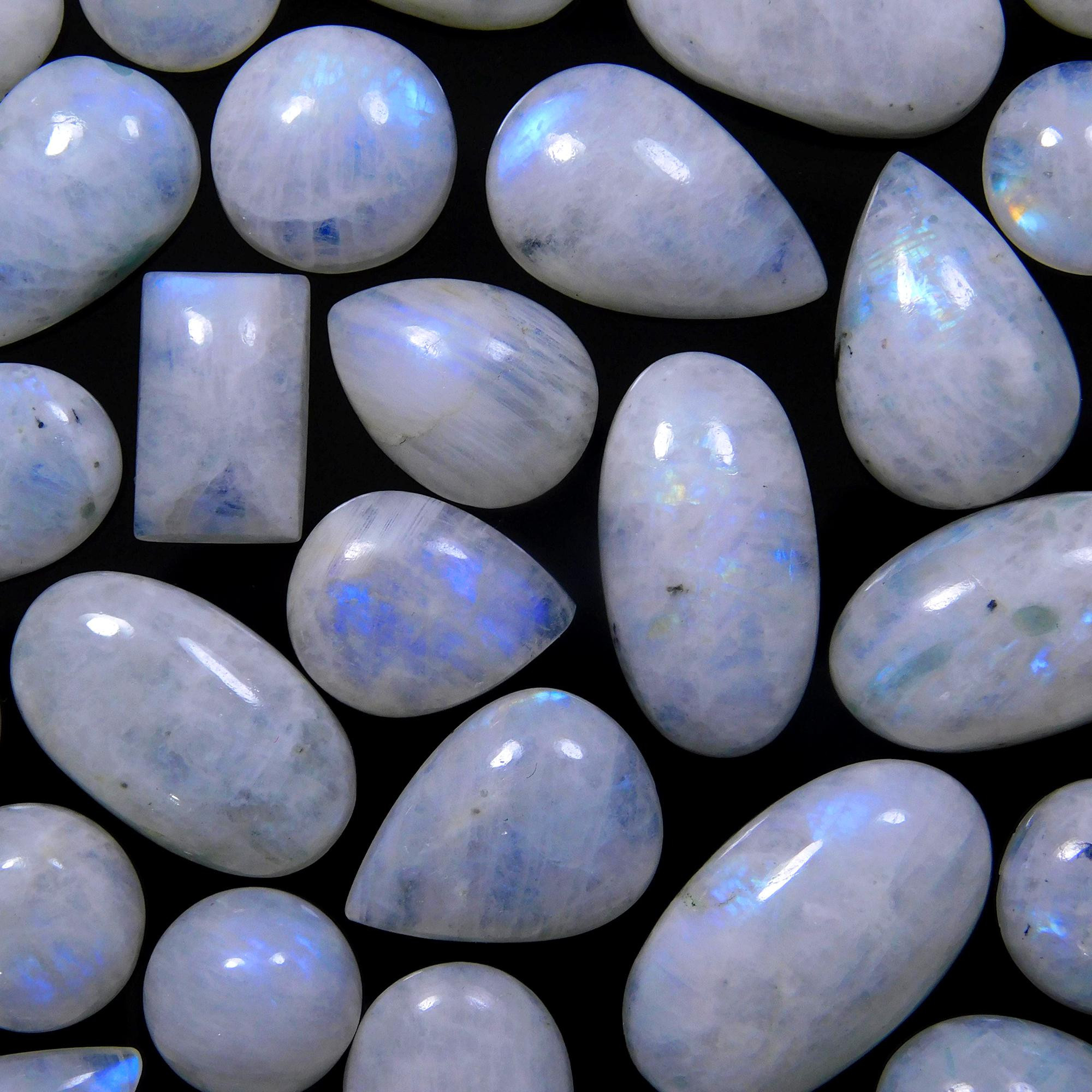 35 Pcs 356 Cts Natural Rainbow Moonstone Gemstone Cabochon Lot 11x11-24x11mm13952