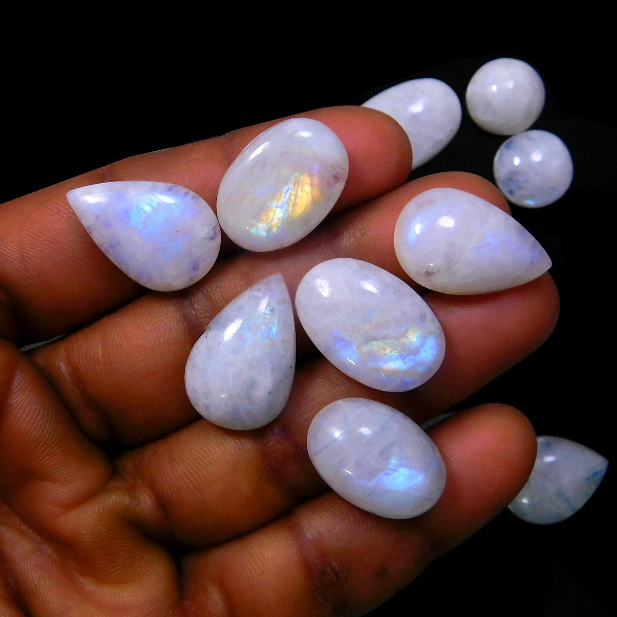35 Pcs 356 Cts Natural Rainbow Moonstone Gemstone Cabochon Lot 11x11-24x11mm13952