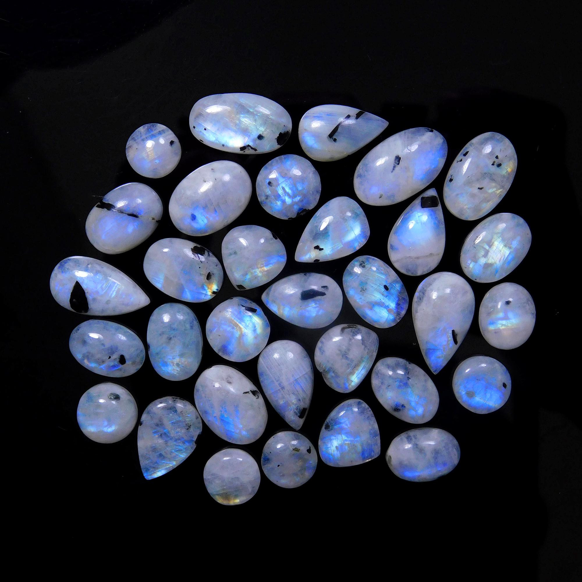 32 Pcs 222 Cts Natural Rainbow Moonstone Gemstone Cabochon Lot 9x9-18x10mm13954