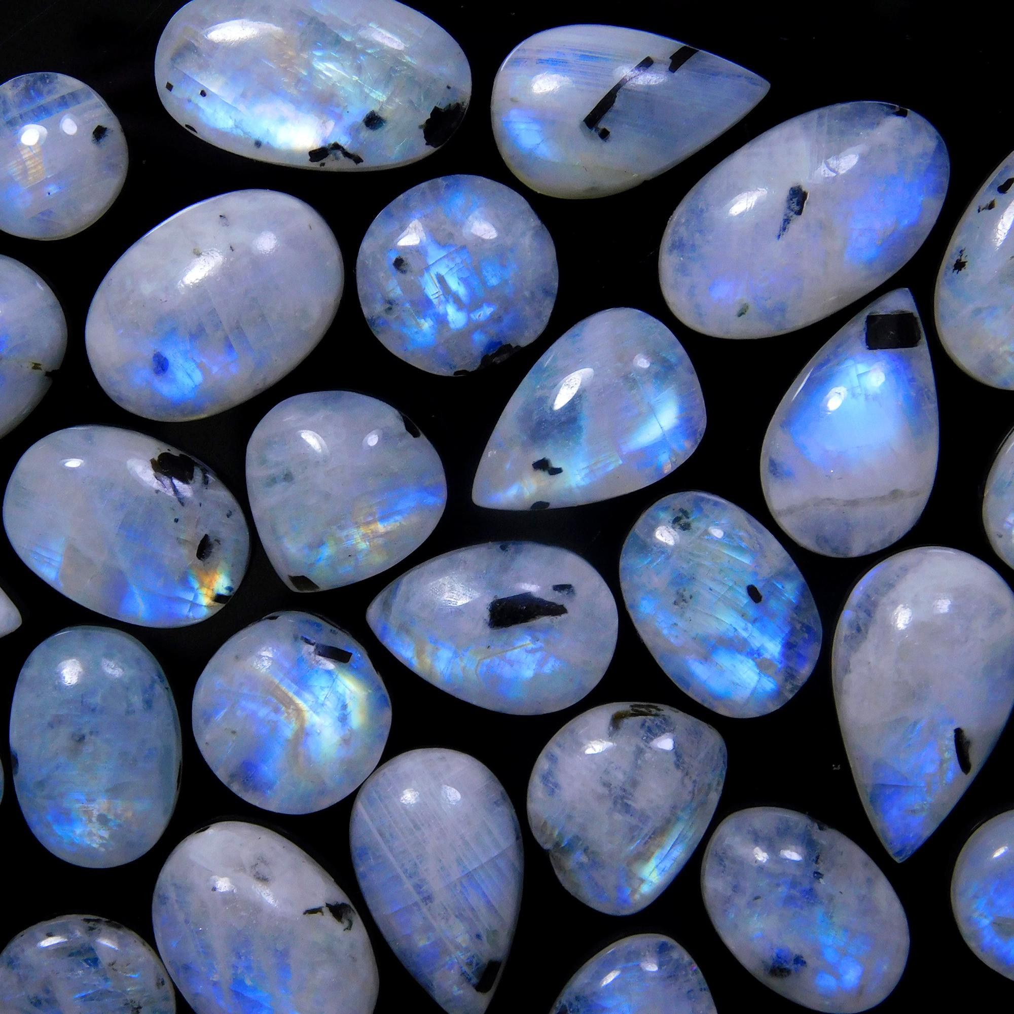 32 Pcs 222 Cts Natural Rainbow Moonstone Gemstone Cabochon Lot 9x9-18x10mm13954